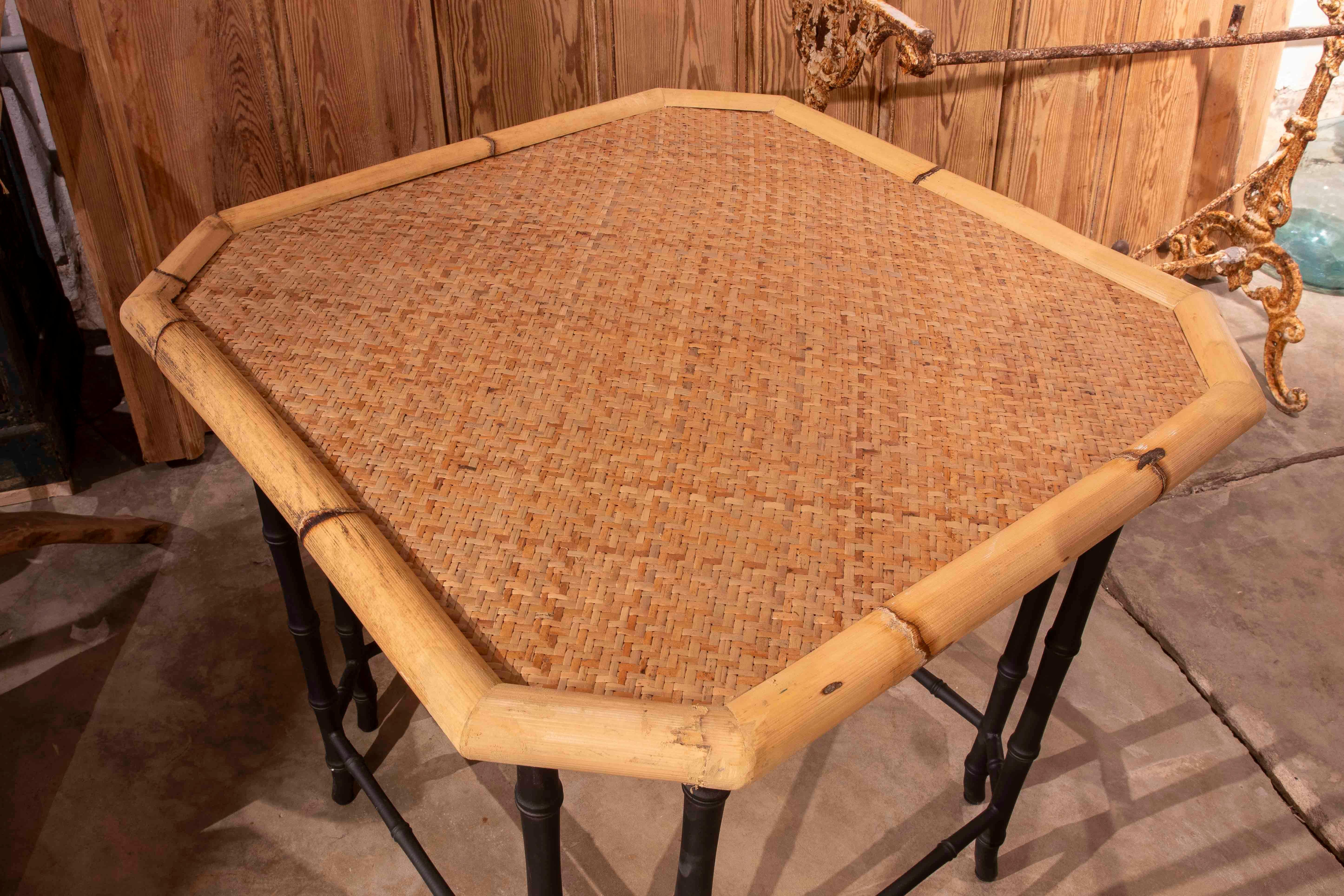 Spanish Pair of Hexagonal Side Tables in Bamboo and Braided Rattan, Colonial Style For Sale