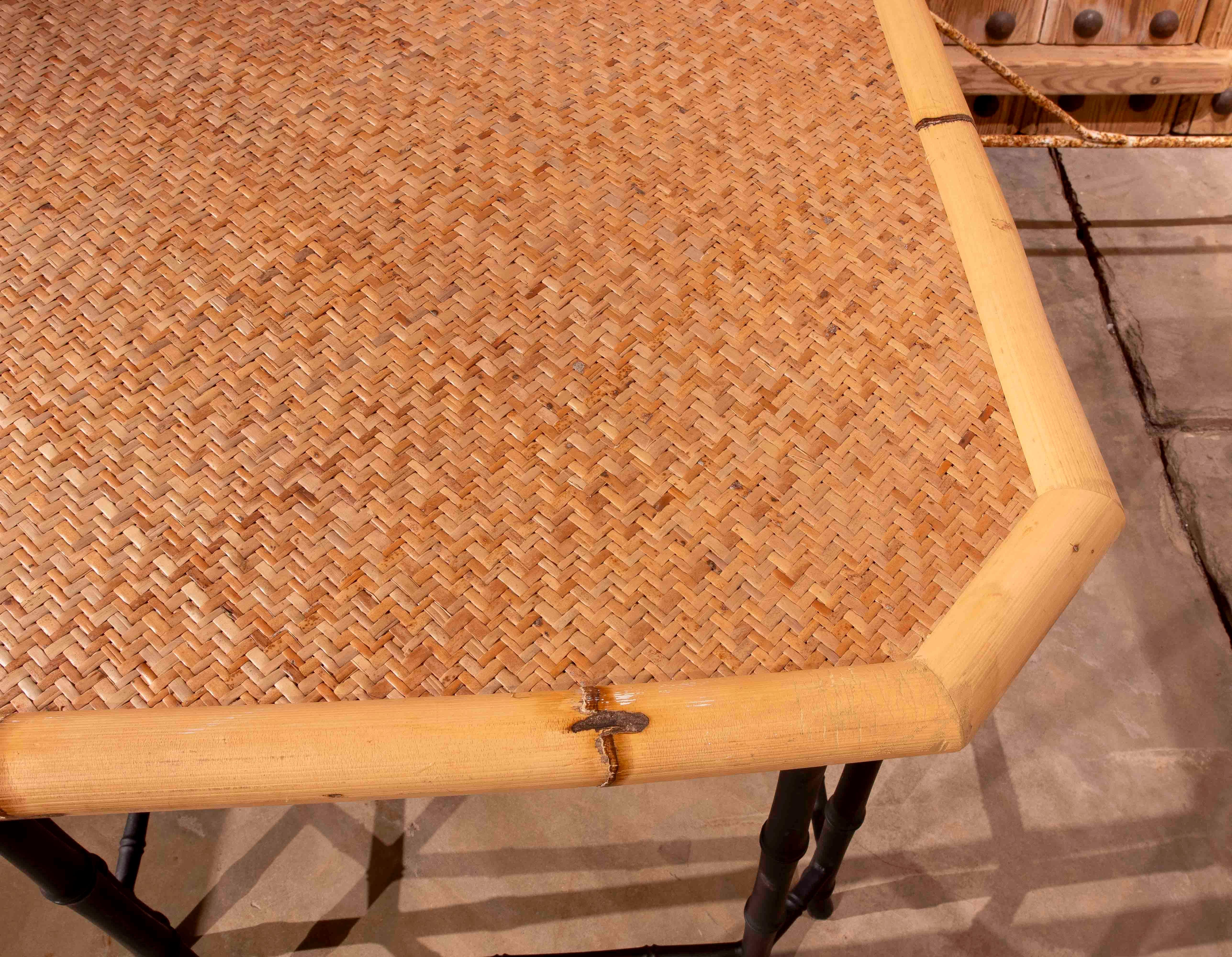 Pair of Hexagonal Side Tables in Bamboo and Braided Rattan, Colonial Style For Sale 1