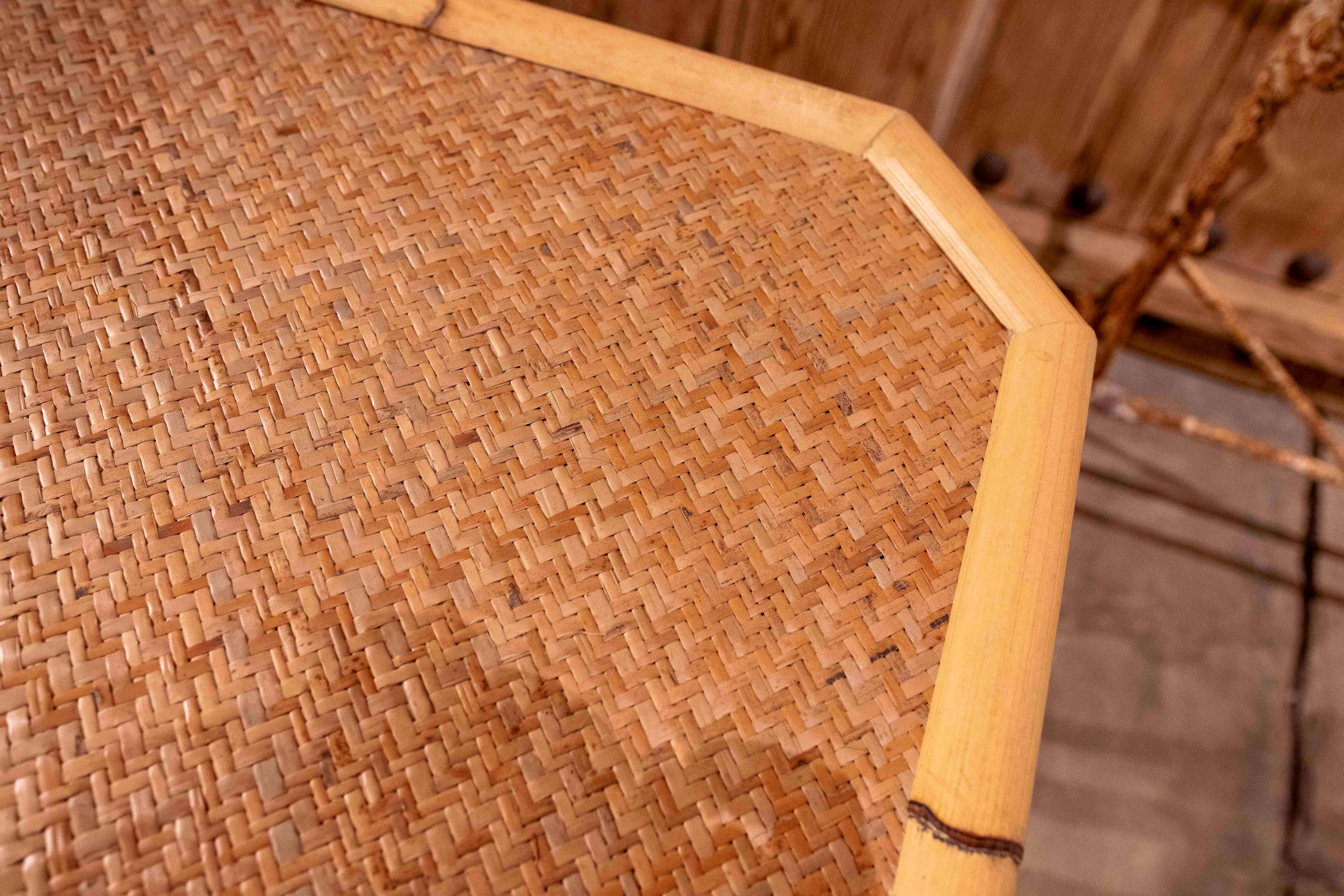 Pair of Hexagonal Side Tables in Bamboo and Braided Rattan, Colonial Style For Sale 3