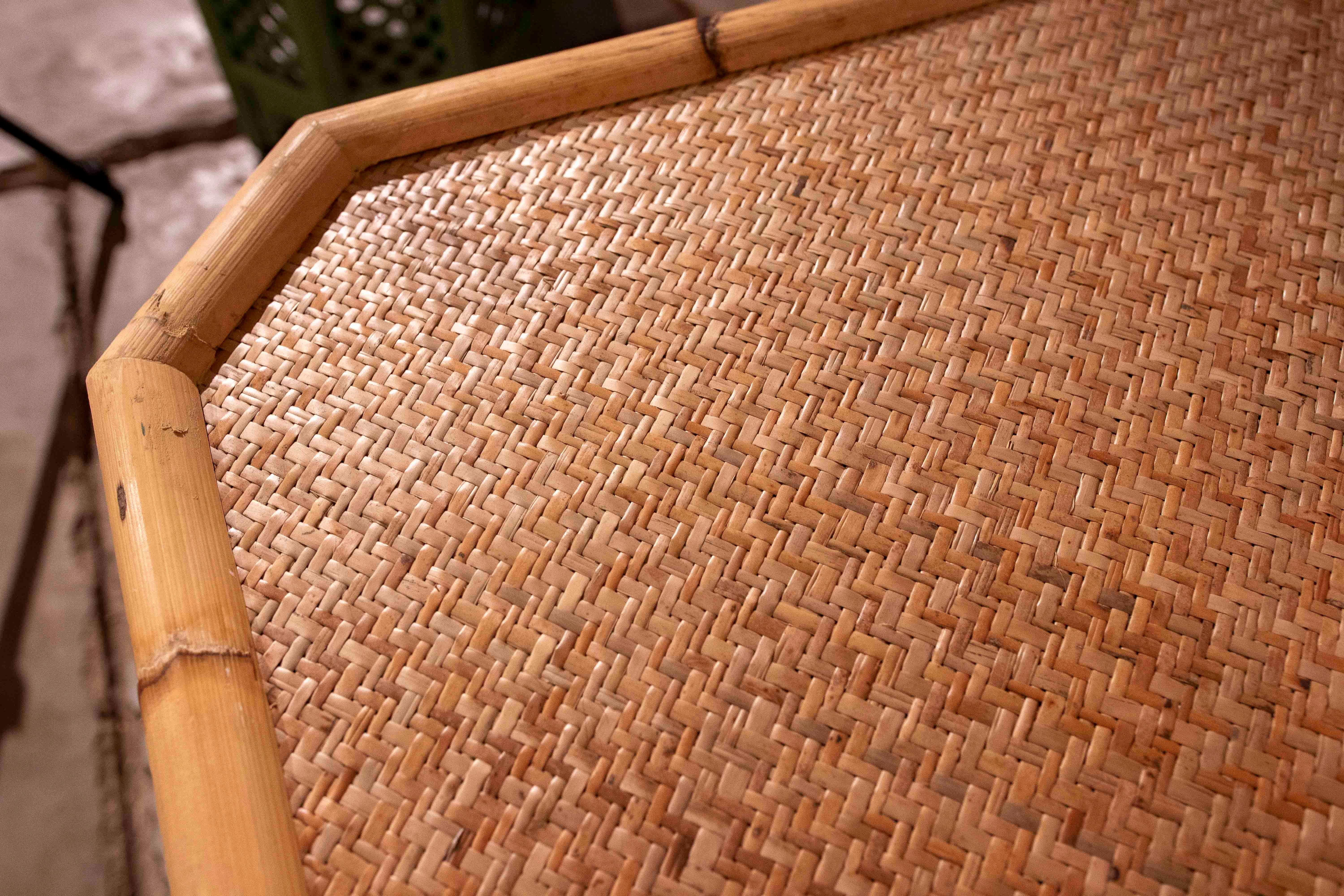 Pair of Hexagonal Side Tables in Bamboo and Braided Rattan, Colonial Style For Sale 4