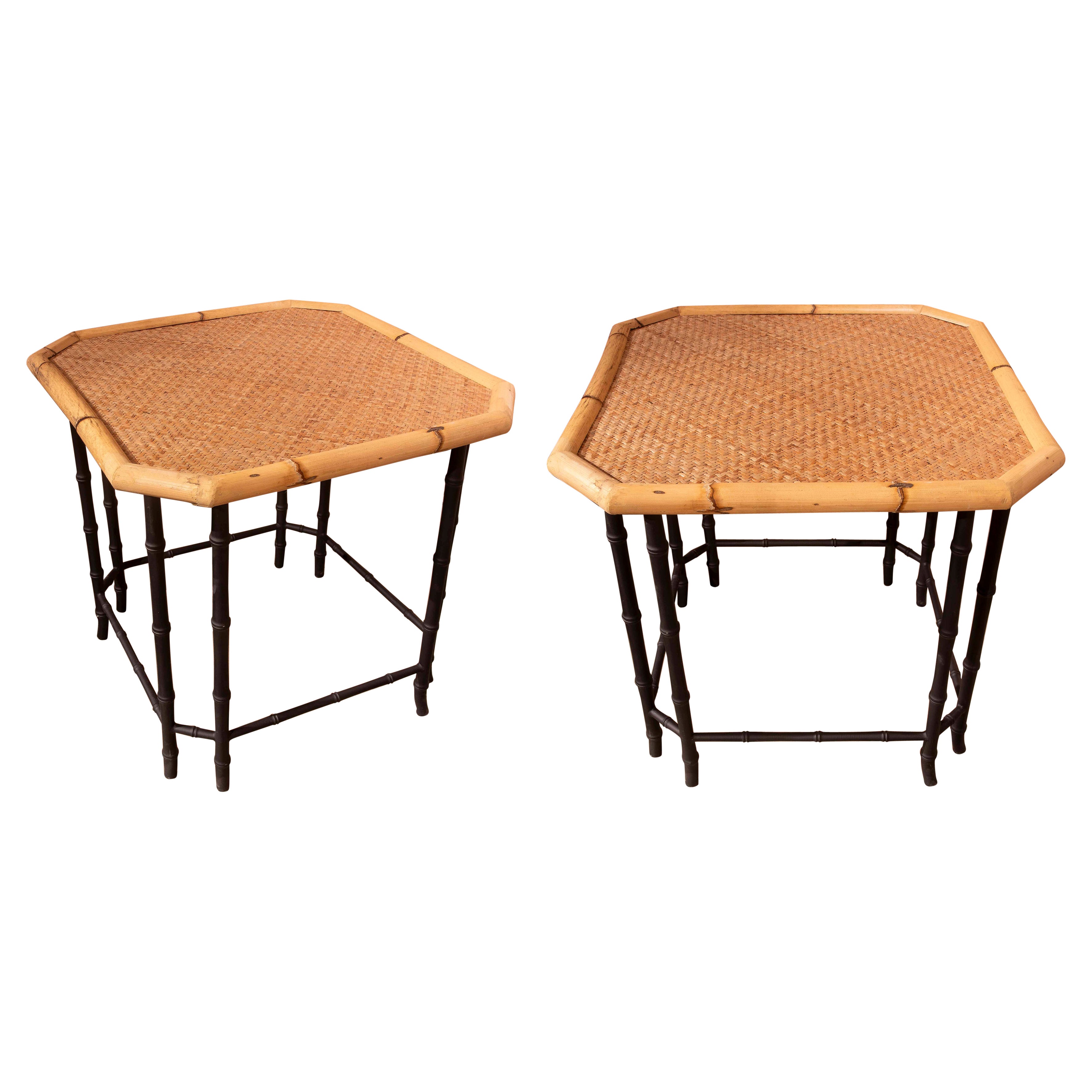 Pair of Hexagonal Side Tables in Bamboo and Braided Rattan, Colonial Style For Sale
