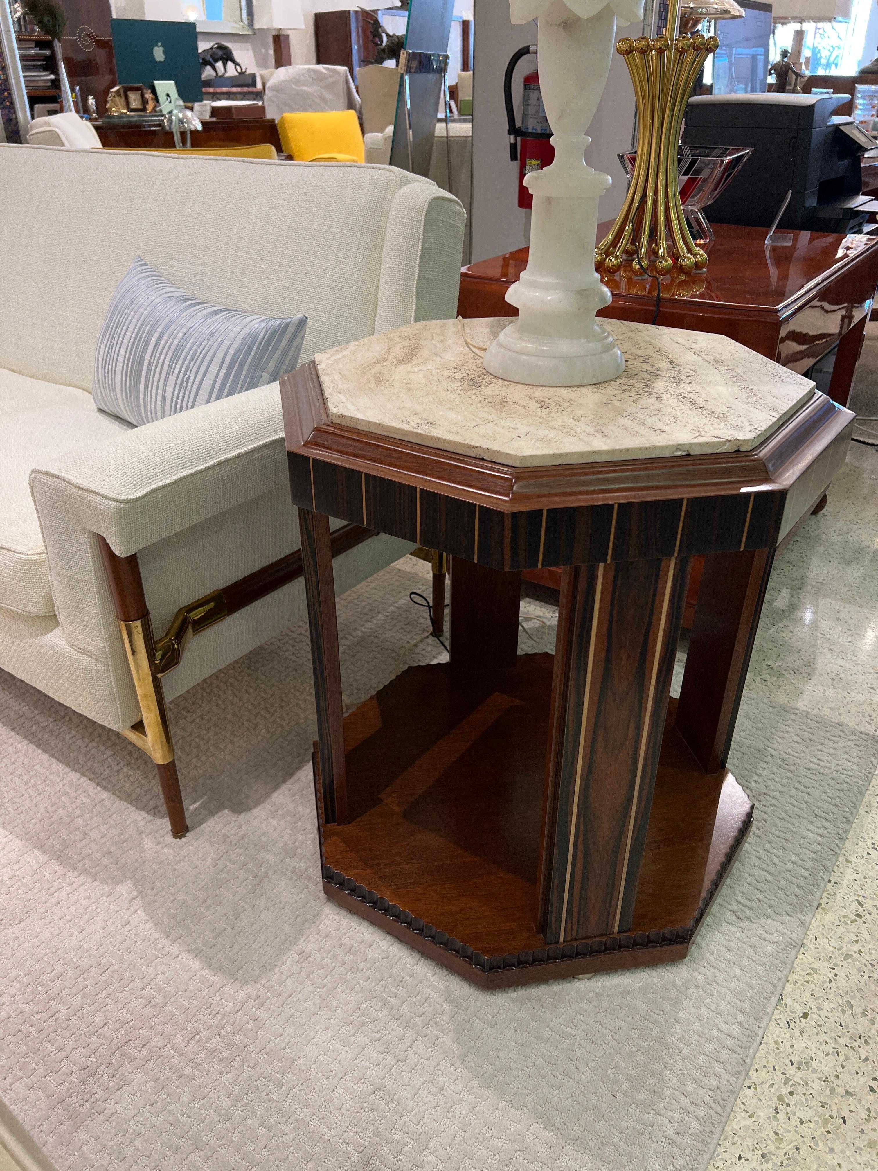 20th Century Mid-Century Pair of Hexagonal Side Tables in Makassar Wood and Travertine Top
