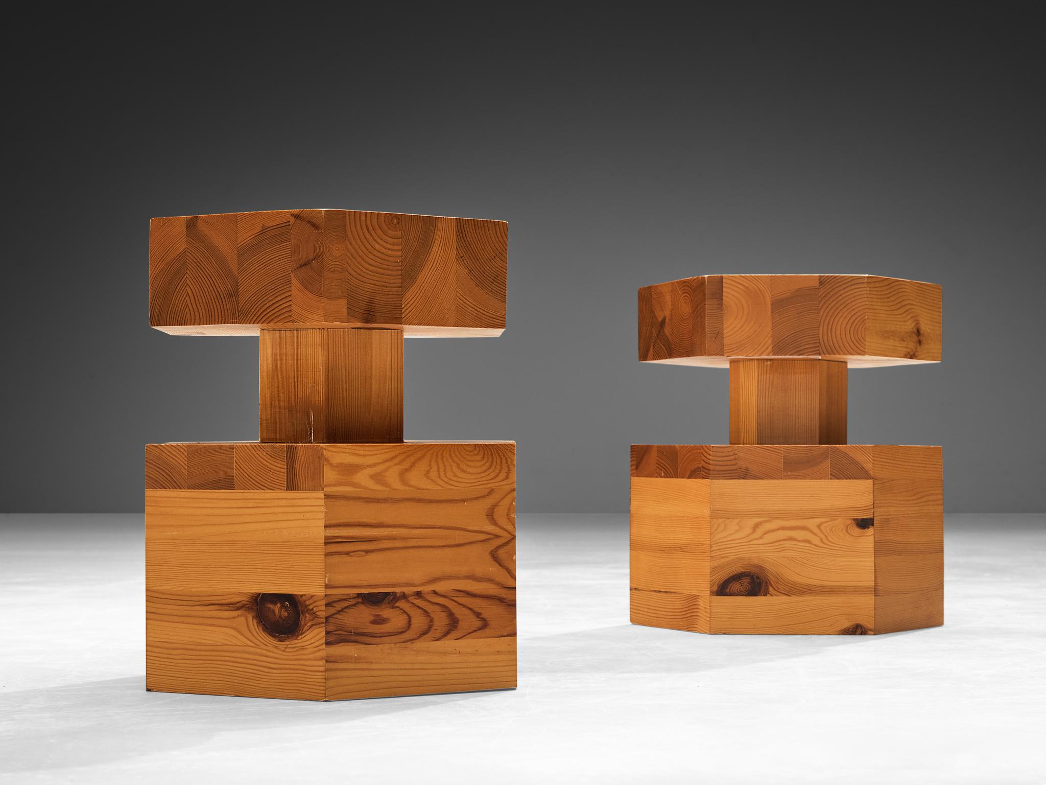 Mid-Century Modern Pair of Hexagonal Side Tables in Solid Pine