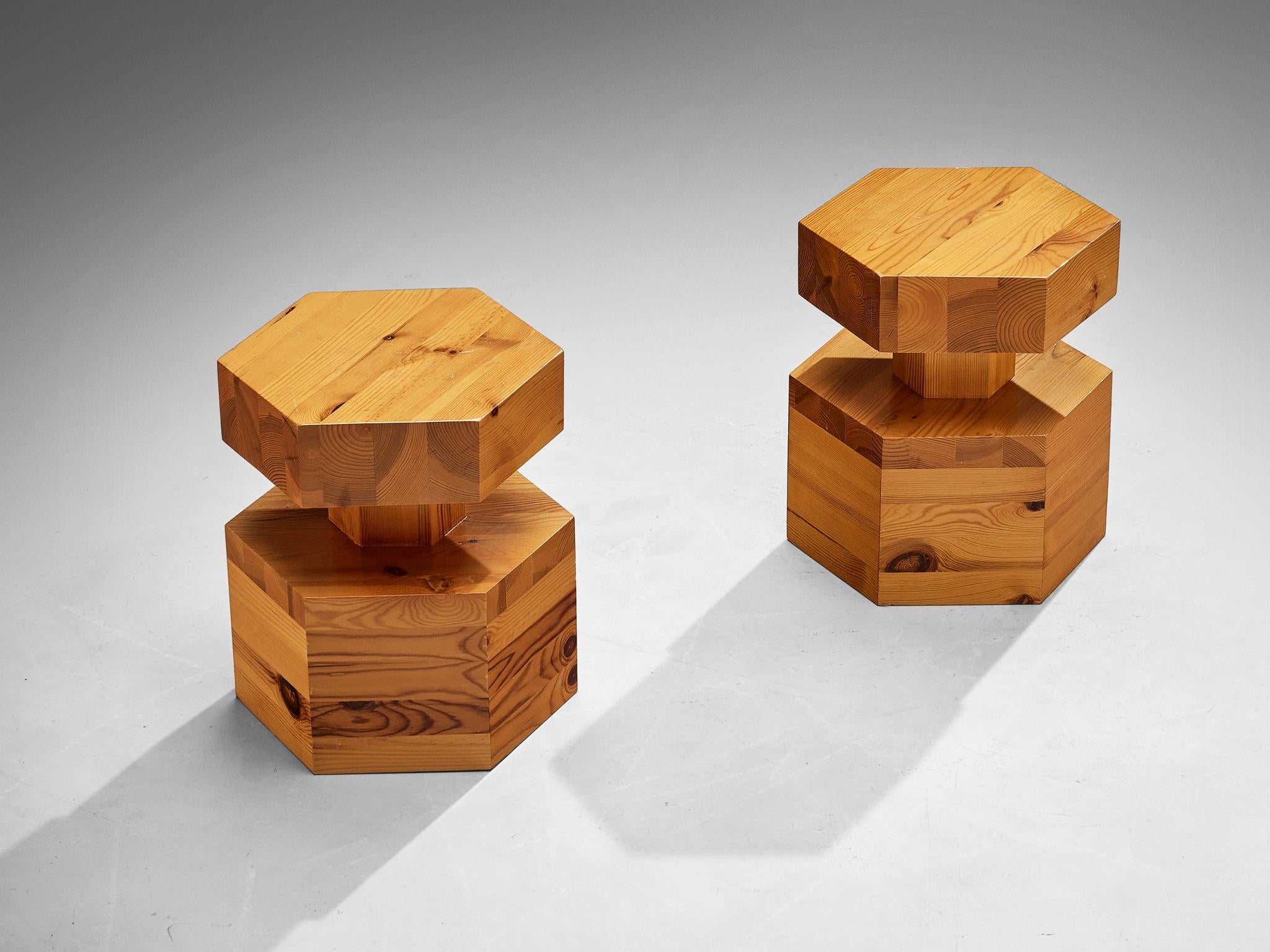 Late 20th Century Pair of Hexagonal Side Tables in Solid Pine
