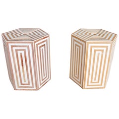 Pair of Hexagonal Tables with Wood and White Resin Marquetry.