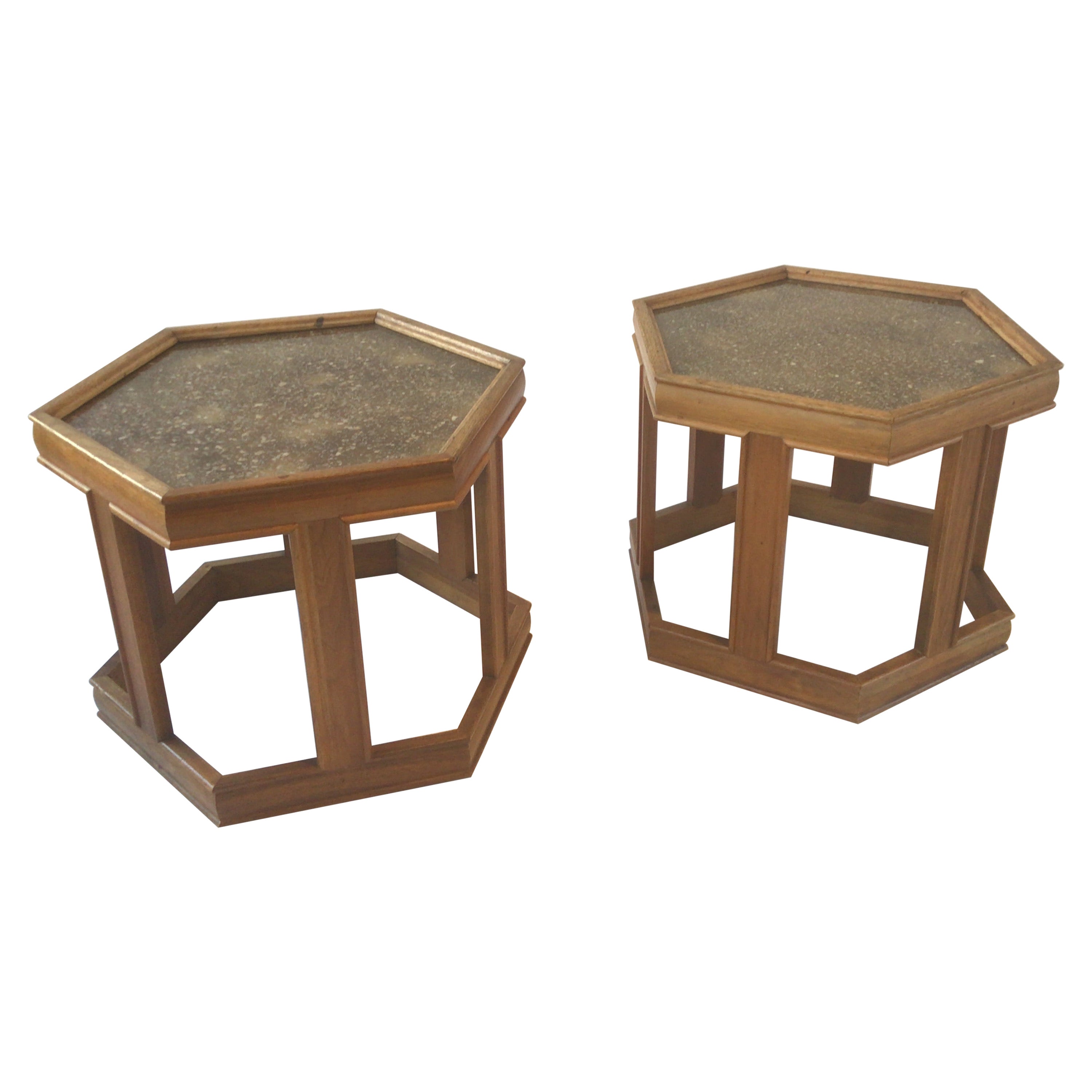 Pair of Hexagonal Walnut Tables by John Keal for Brown Saltman