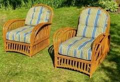 Pair of Heywood Wakefield Deco Rattan Ladies and Gents Chairs in Natural Finish