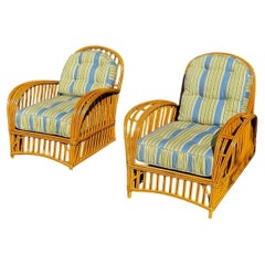 Pair of Heywood Wakefield Deco Rattan Ladies and Gents Chairs in Natural Finish