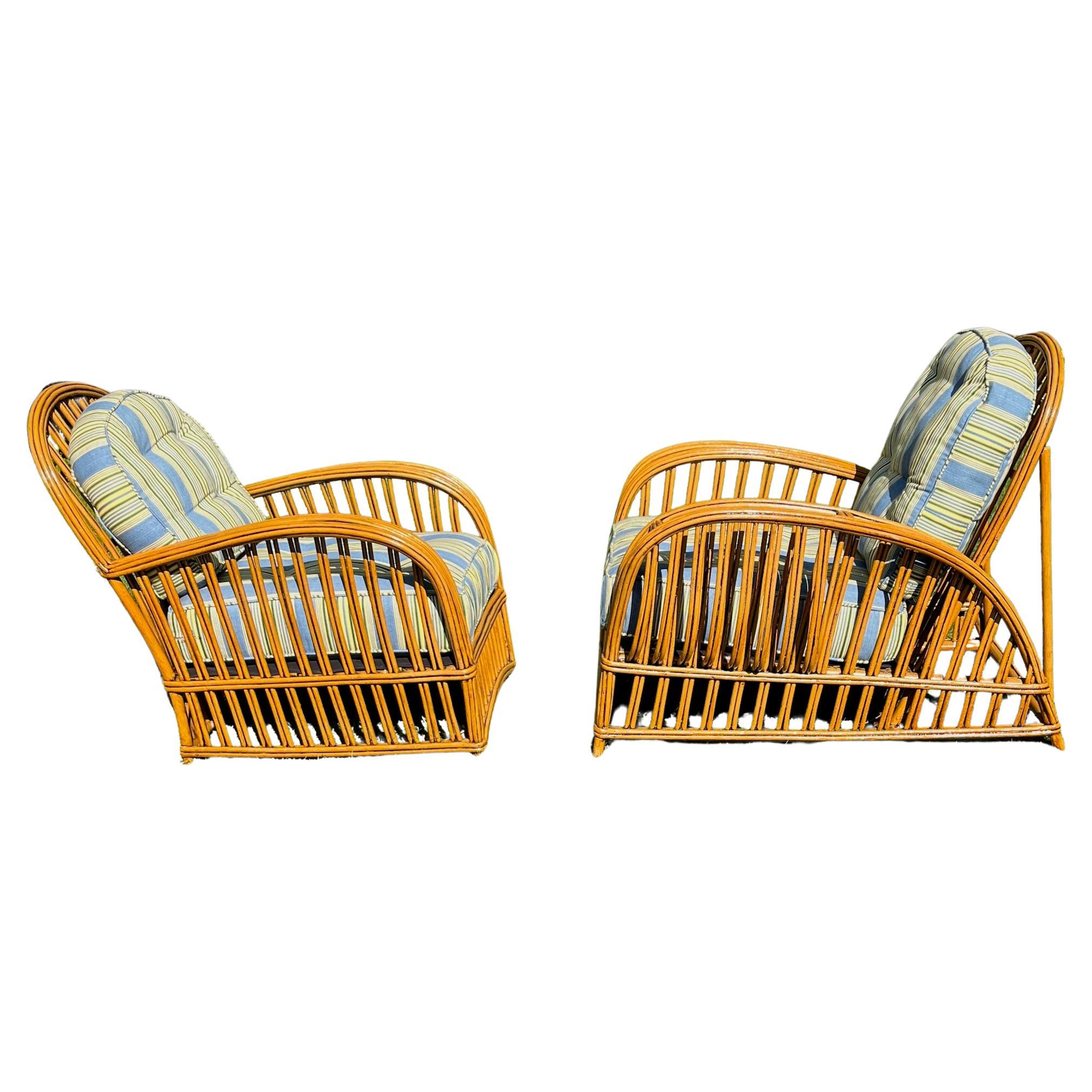 Pair of Heywood Wakefield Deco Rattan Ladies and Gents Chairs in Natural Finish In Good Condition For Sale In Nashua, NH