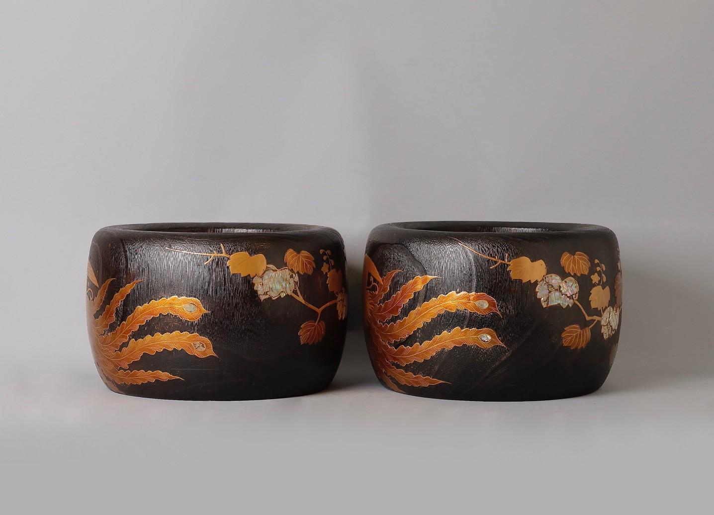 20th Century Pair of  Hibachis, Gilt & Lacquer Painted & Mop Inlaid Phoenix & Paulownia Tree