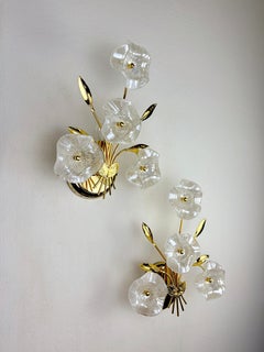 Pair of Hibiscus floral Sconces, Frosted Murano Glass, Italy, 1970s