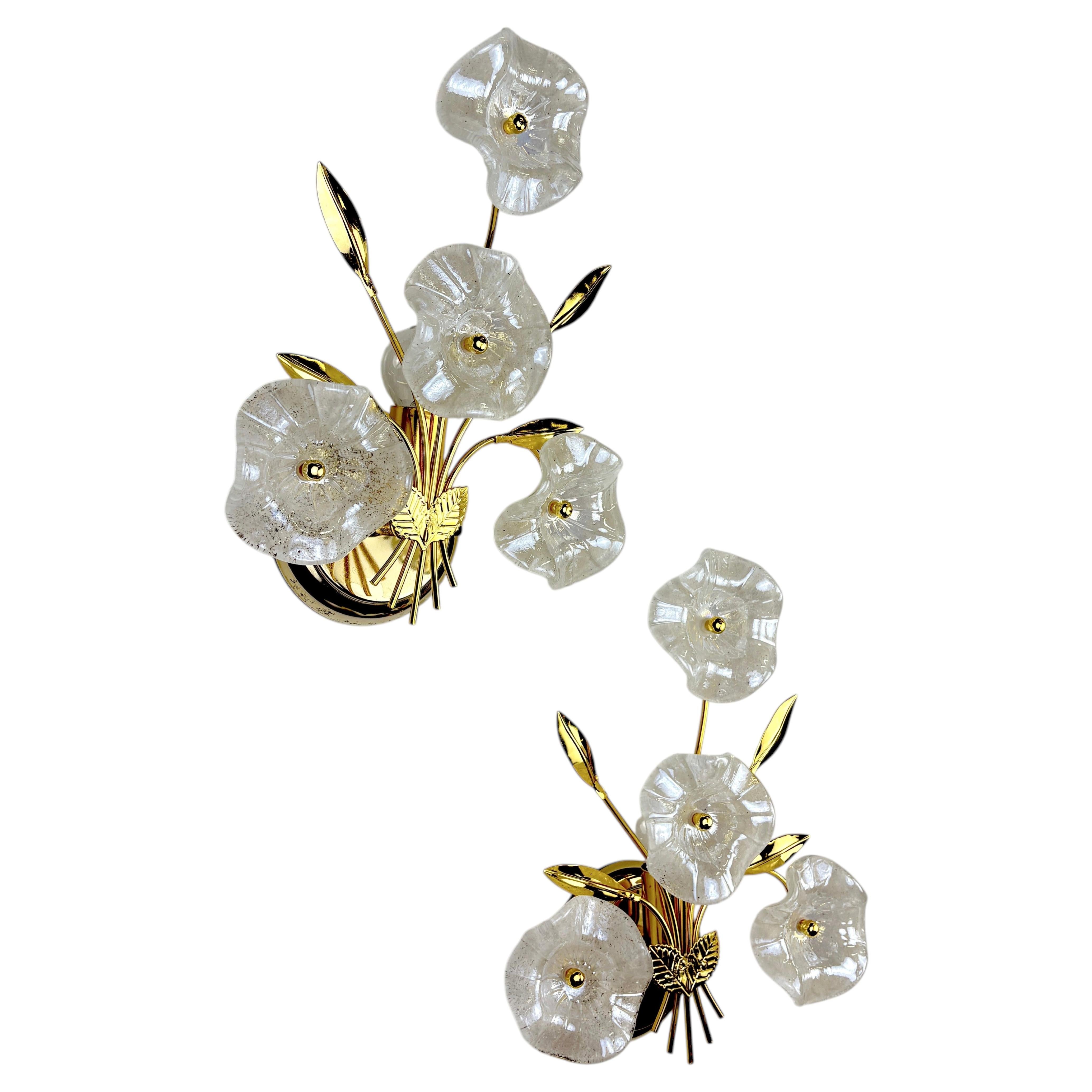 Pair of Hibiscus floral Sconces, Frosted Murano Glass, Italy, 1970s