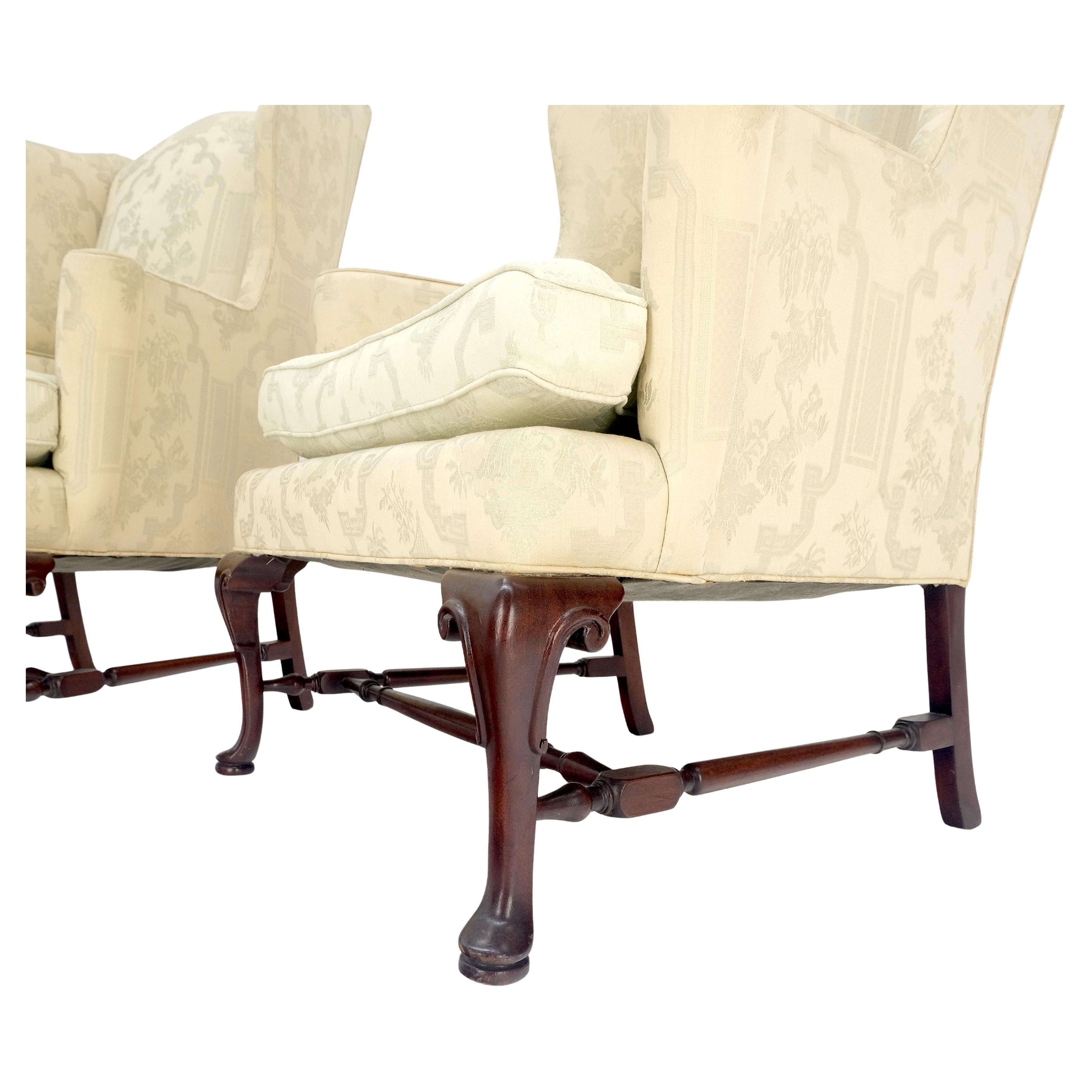 Queen Anne Pair of Hickory c1960s Very fine Mahogany Queen Ann Bases Arm Wingback Chairs For Sale