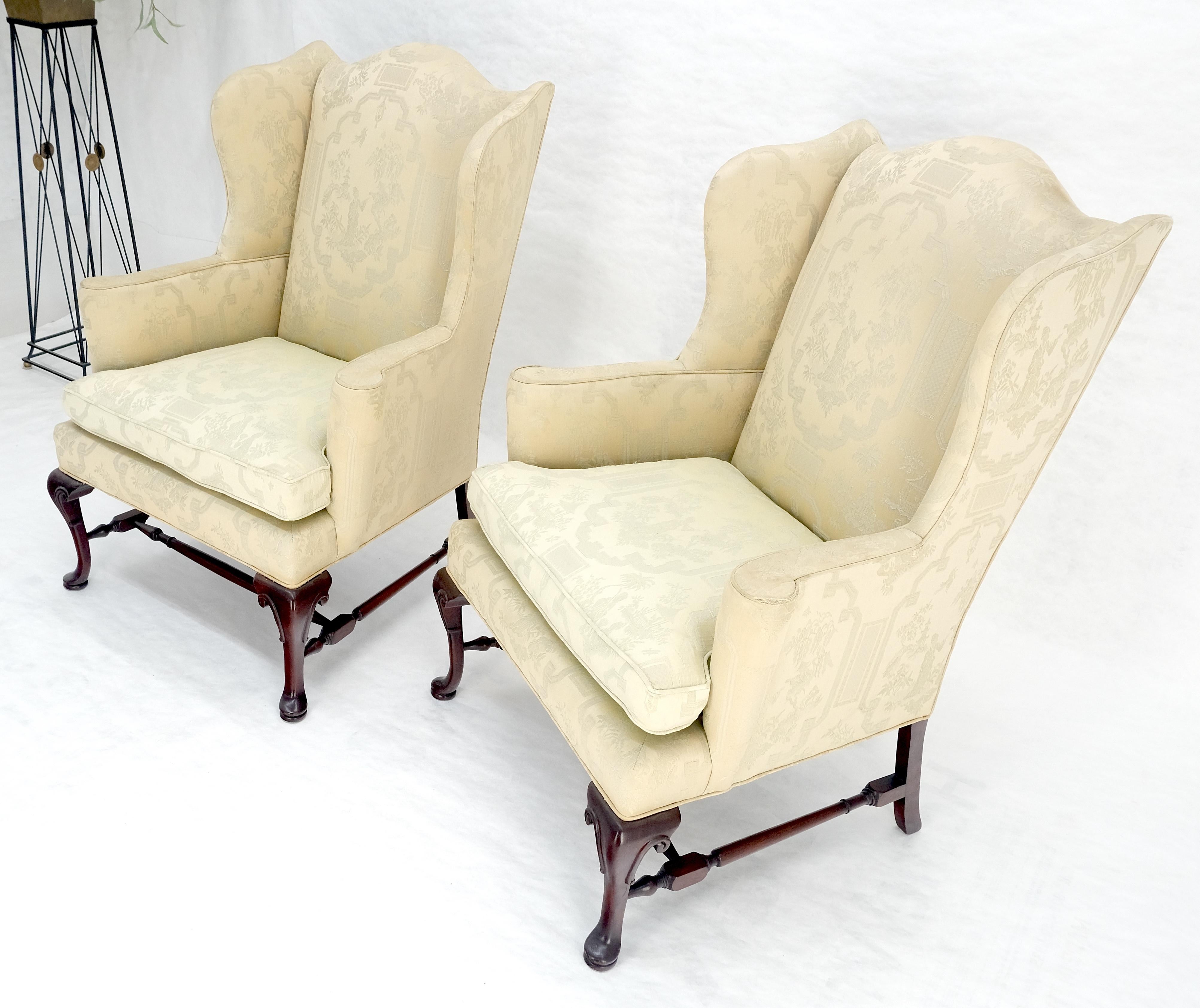 Carved Pair of Hickory c1960s Very fine Mahogany Queen Ann Bases Arm Wingback Chairs For Sale
