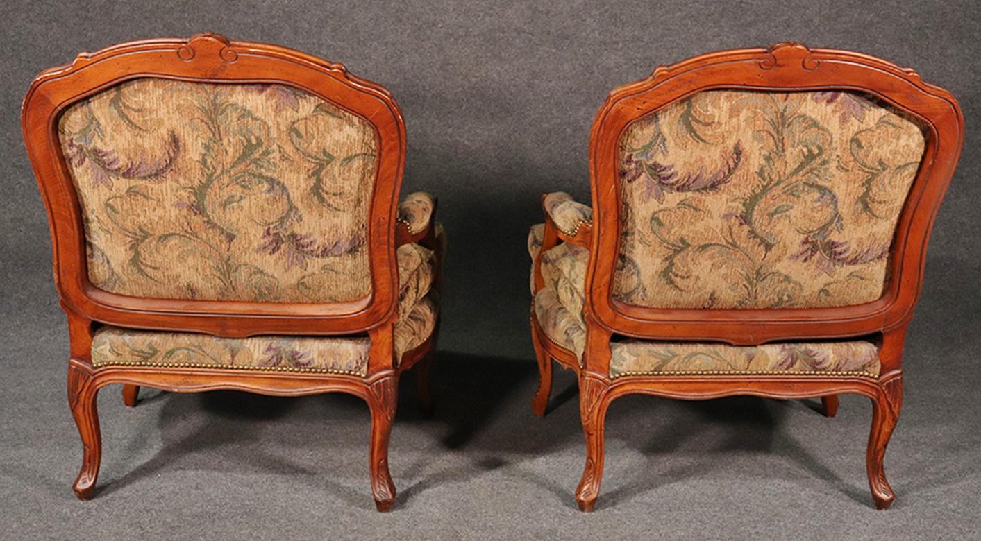 American Pair of Hickory White Louis XV Style Walnut Tapestry Lounge Chairs