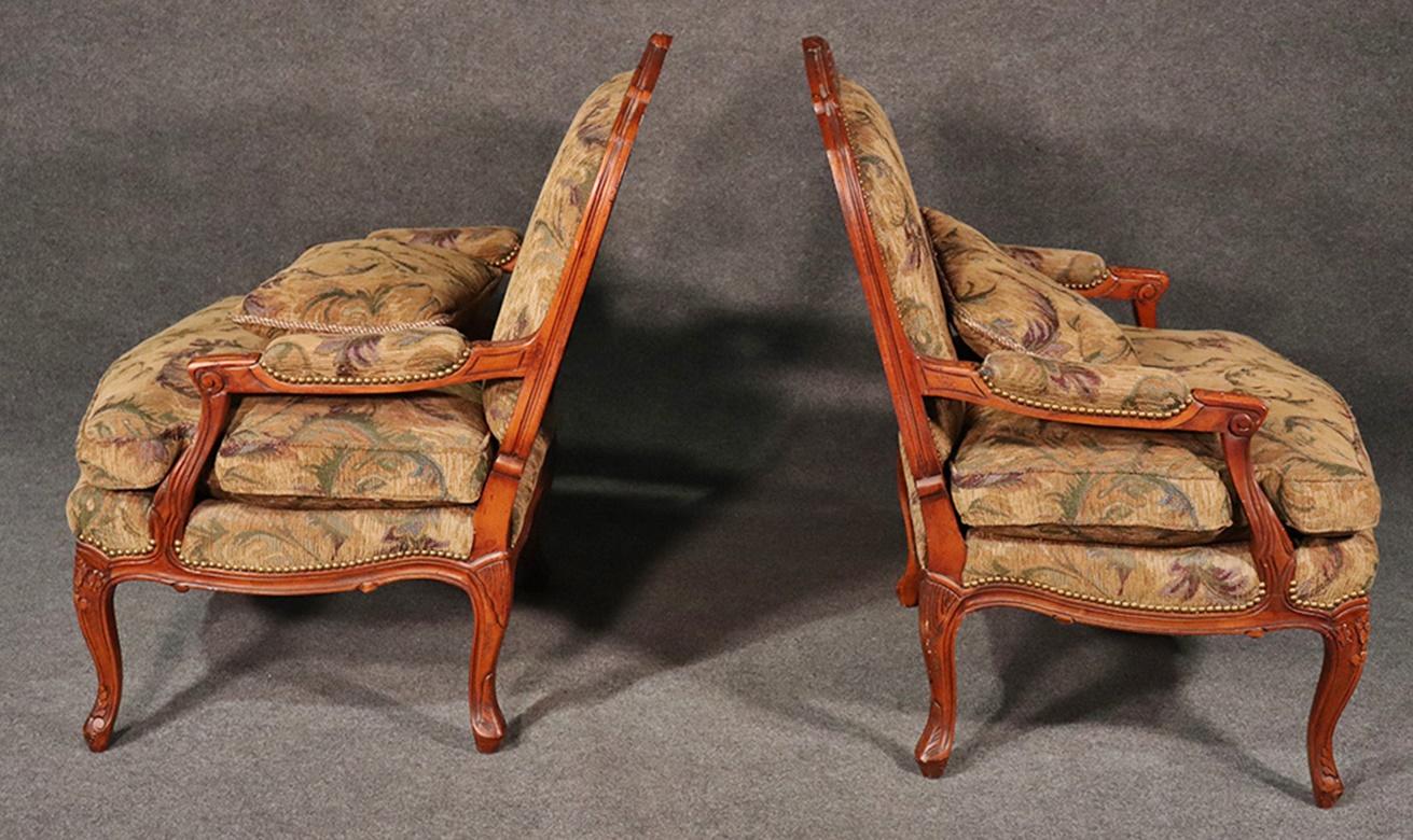Carved Pair of Hickory White Louis XV Style Walnut Tapestry Lounge Chairs