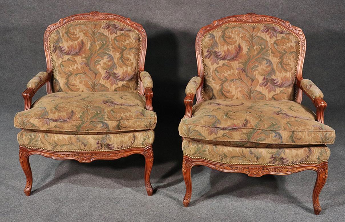 20th Century Pair of Hickory White Louis XV Style Walnut Tapestry Lounge Chairs