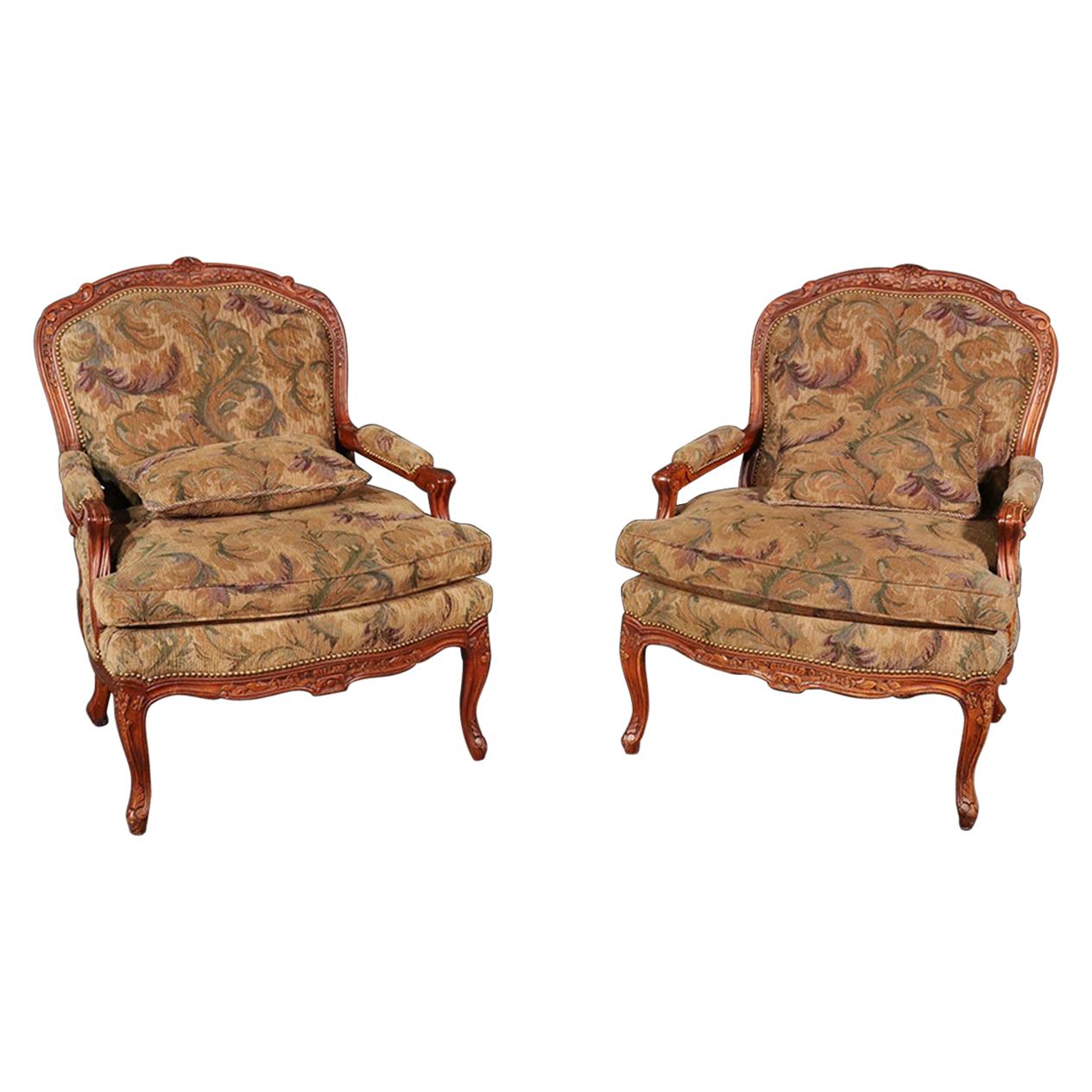 Pair of Hickory White Louis XV Style Walnut Tapestry Lounge Chairs