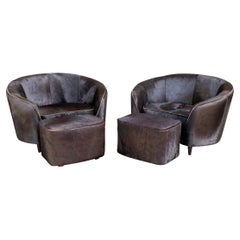 Vintage Pair of Hide Upholstered Club Chairs and Ottomans by Stone International