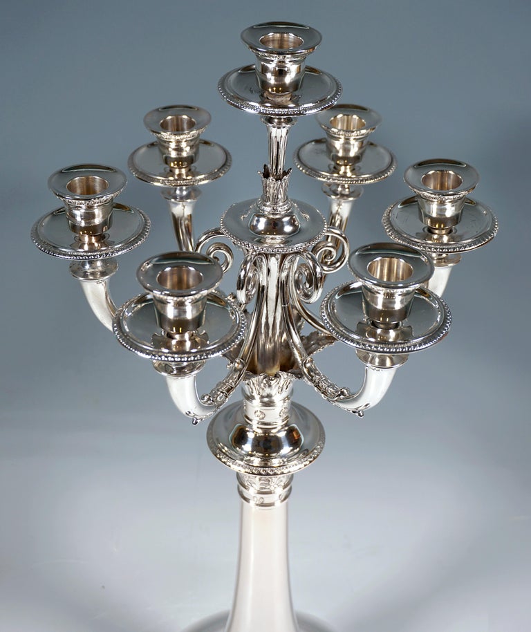 Austrian Pair Of High 7-Flame Silver Candelabras, by J.C. Klinkosch Vienna, ca 1925 For Sale