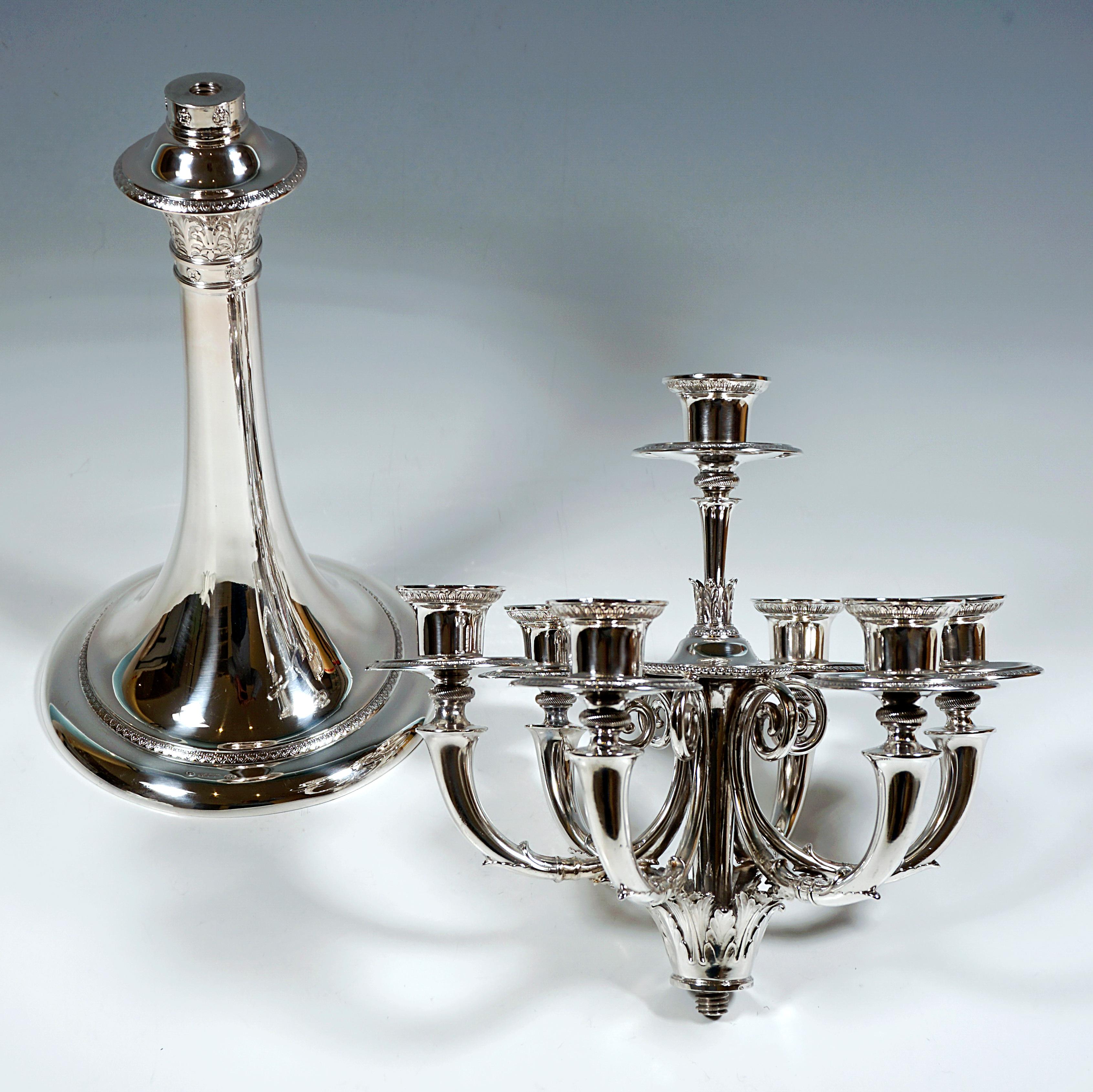 Early 20th Century Pair Of High 7-Flame Silver Candelabras, by J.C. Klinkosch Vienna, ca 1925 For Sale