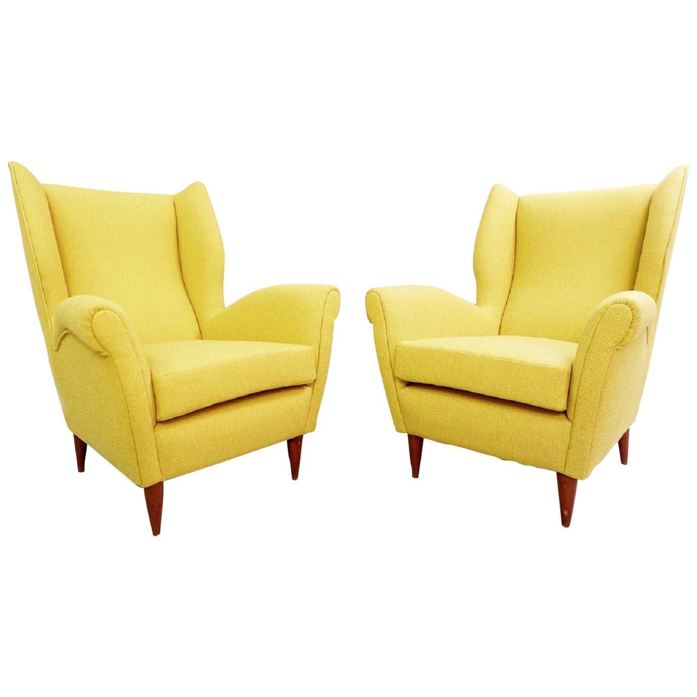 Pair of High Back Armchairs by Gio Ponti, 1950s, New Curry Yellow Upholstery