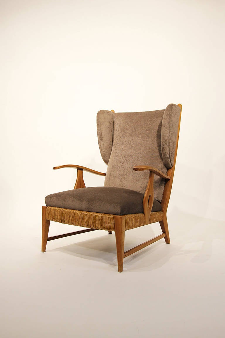Seagrass Pair of High Back Armchairs by Paolo Buffa, Italy, circa 1948