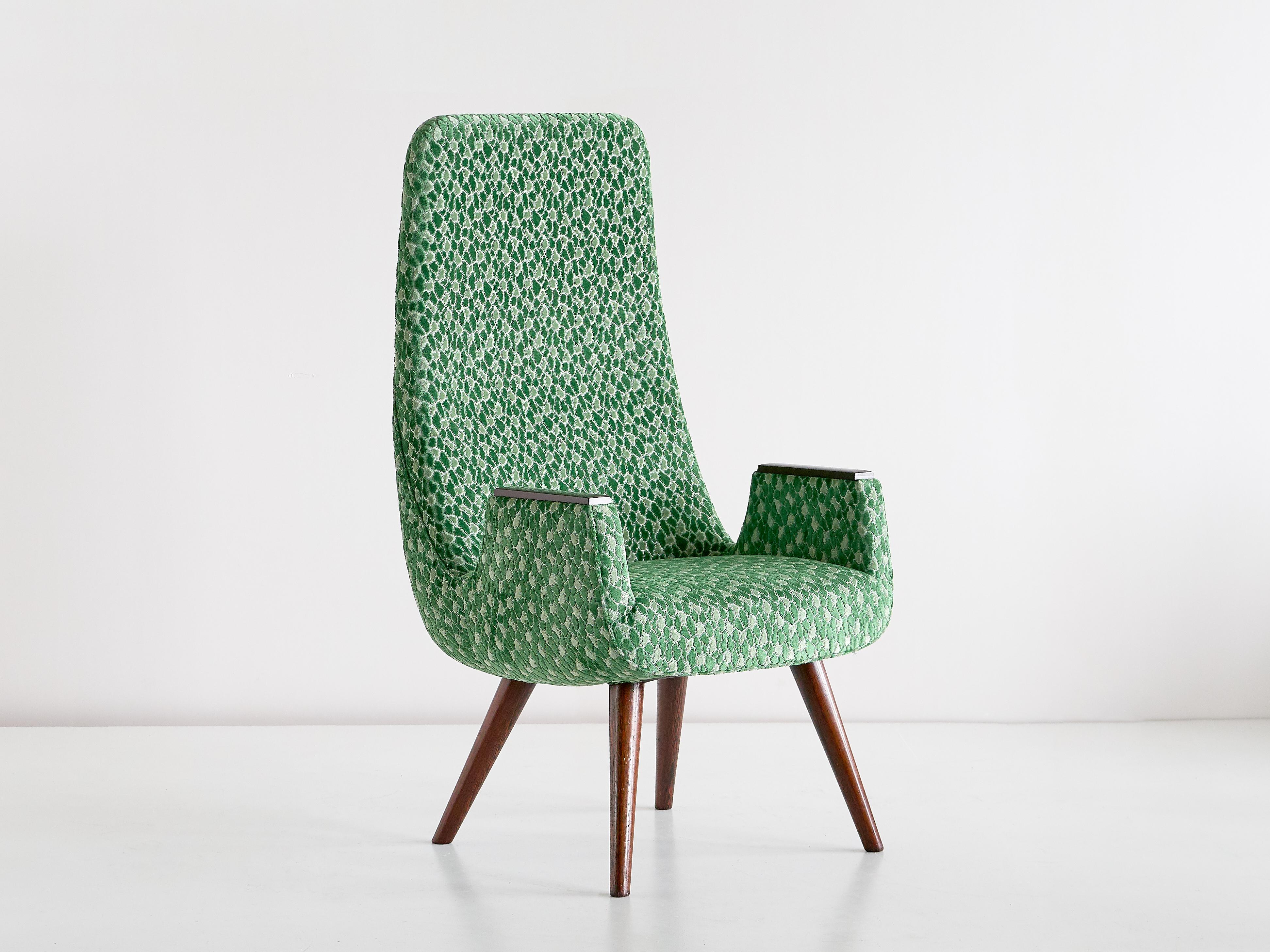 Dutch Pair of High Back Armchairs in Green Braquenié Velvet and Wengé Wood, 1950s For Sale