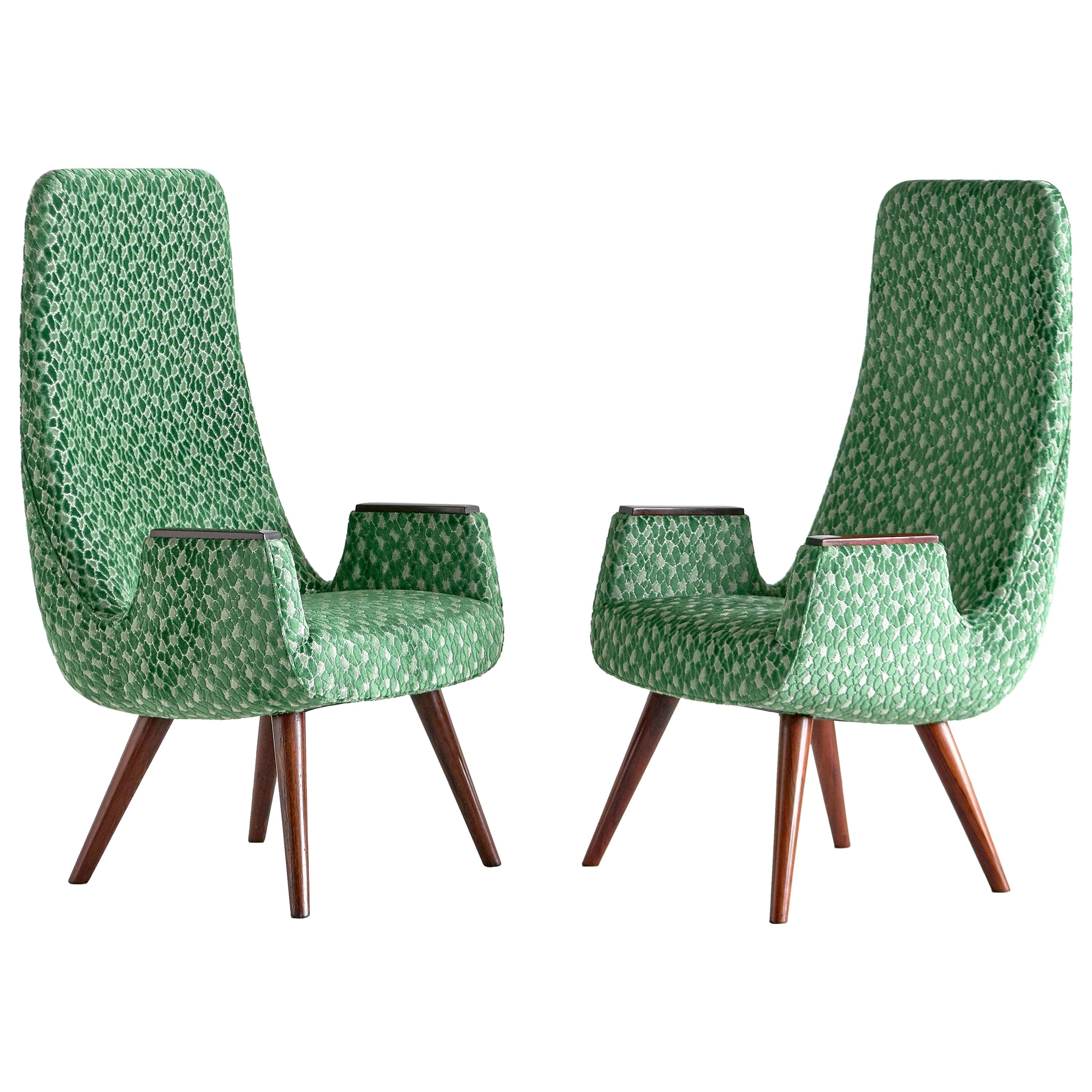 Pair of High Back Armchairs in Green Braquenié Velvet and Wengé Wood, 1950s