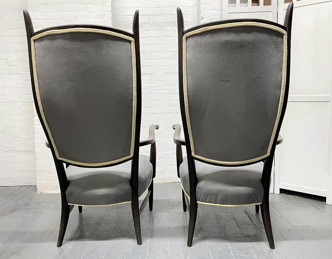 Mid-Century Modern Pair of High Back Armchairs in Suede Upholstery For Sale