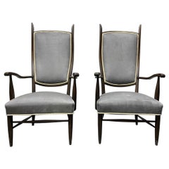 Pair of High Back Armchairs in Suede Upholstery