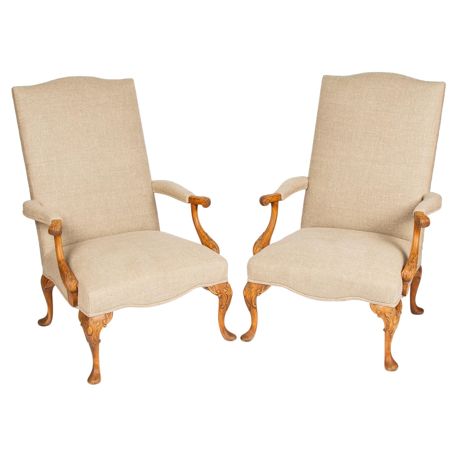 Pair of High Back Armchairs with Carved Arms, Cabriole Legs & Feet For Sale