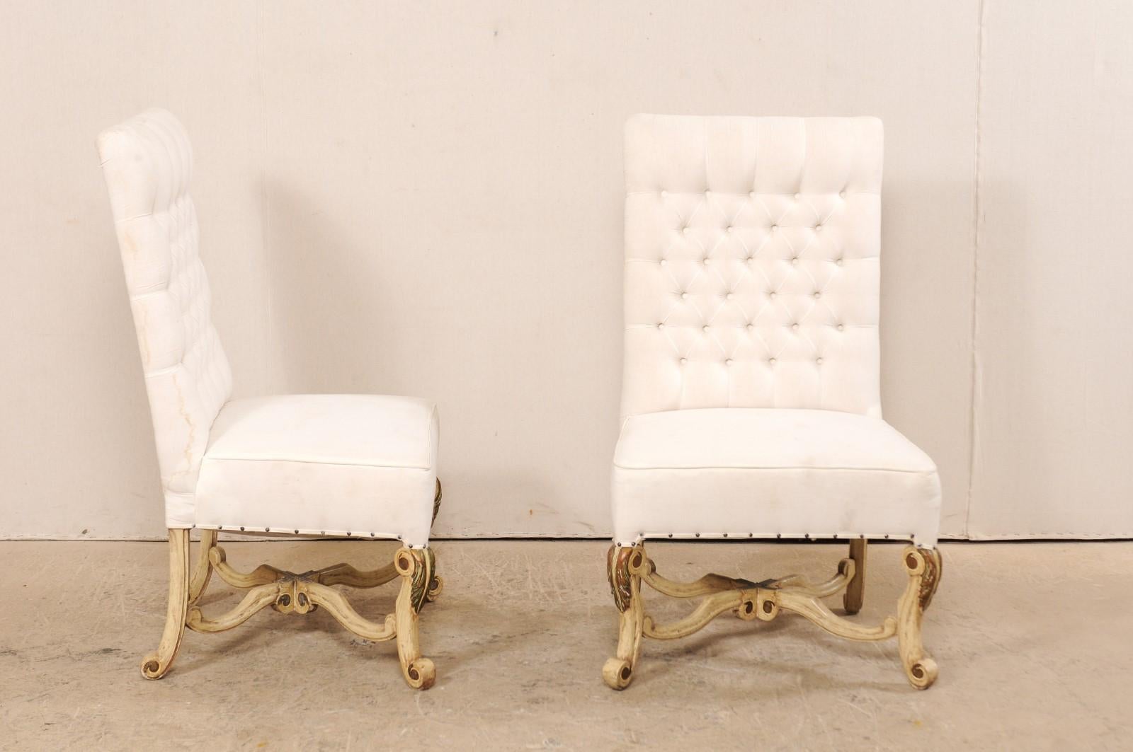 Pair of High Back Chairs with Tufted Backs and Nicely Carved Legs For Sale 4