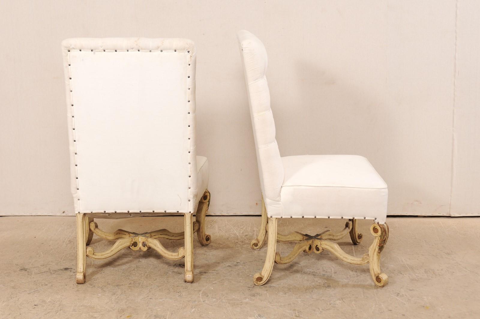 Metal Pair of High Back Chairs with Tufted Backs and Nicely Carved Legs For Sale