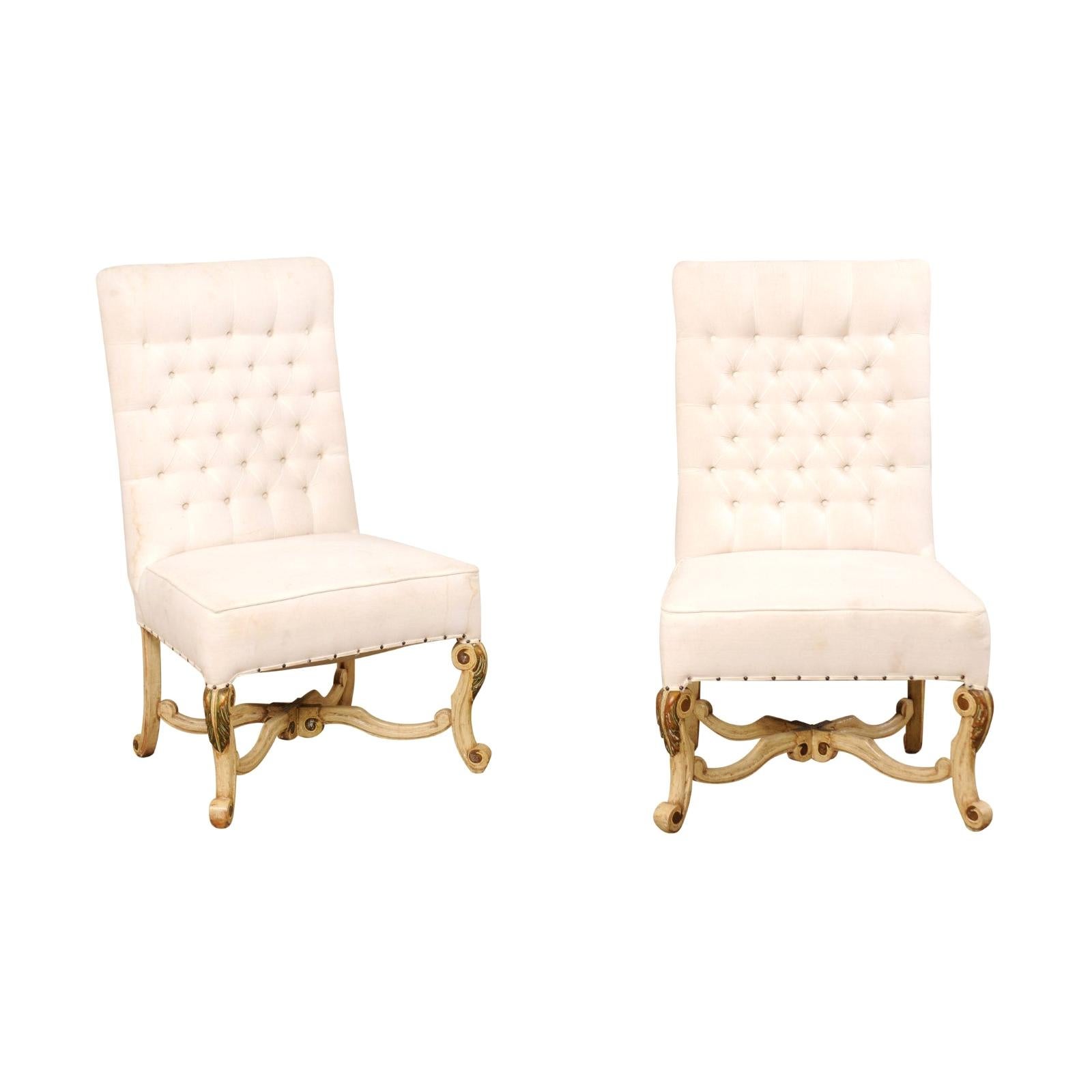 Pair of High Back Chairs with Tufted Backs and Nicely Carved Legs
