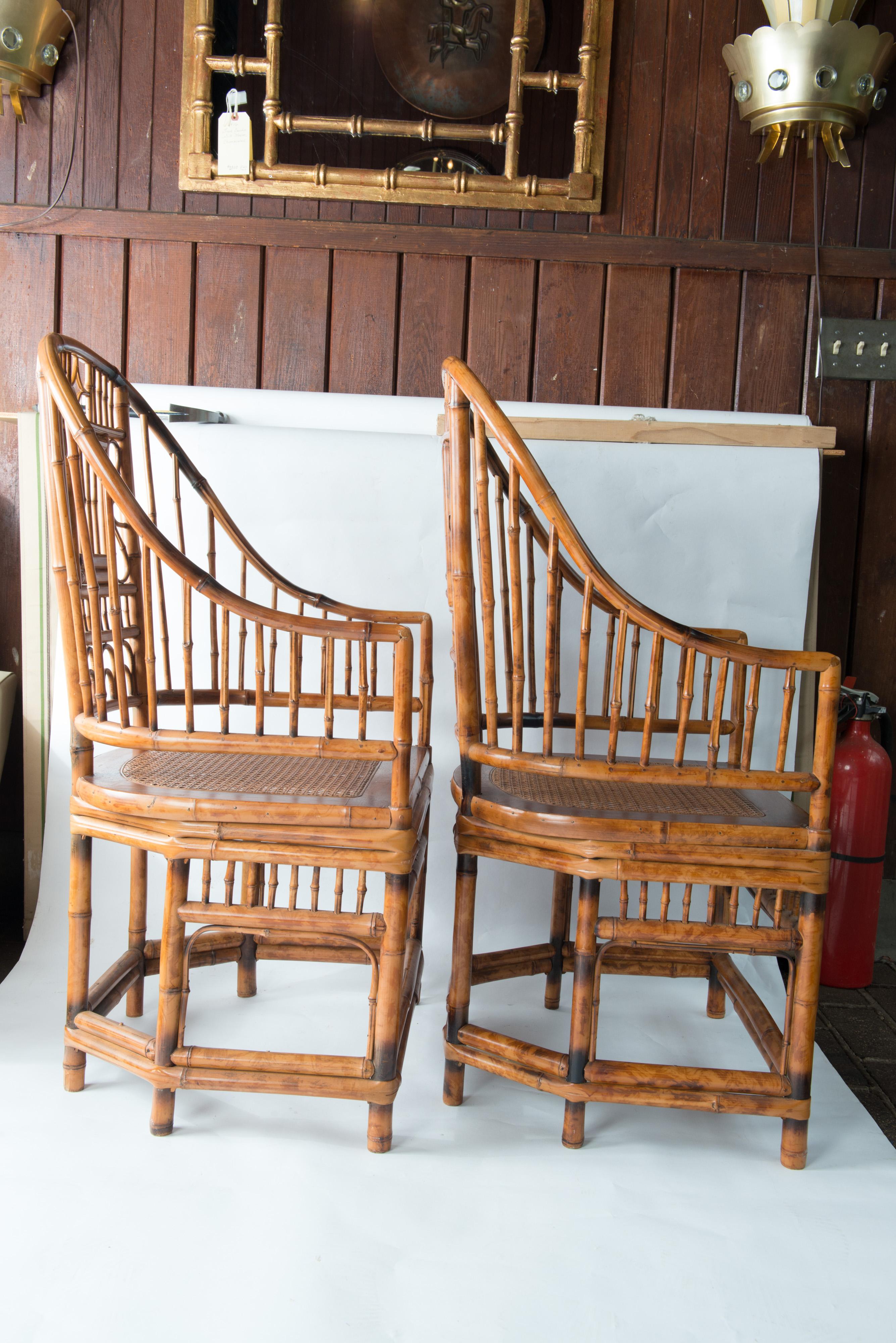 Pair of High Back Chinese Chippendale Bamboo Arm Chairs 7