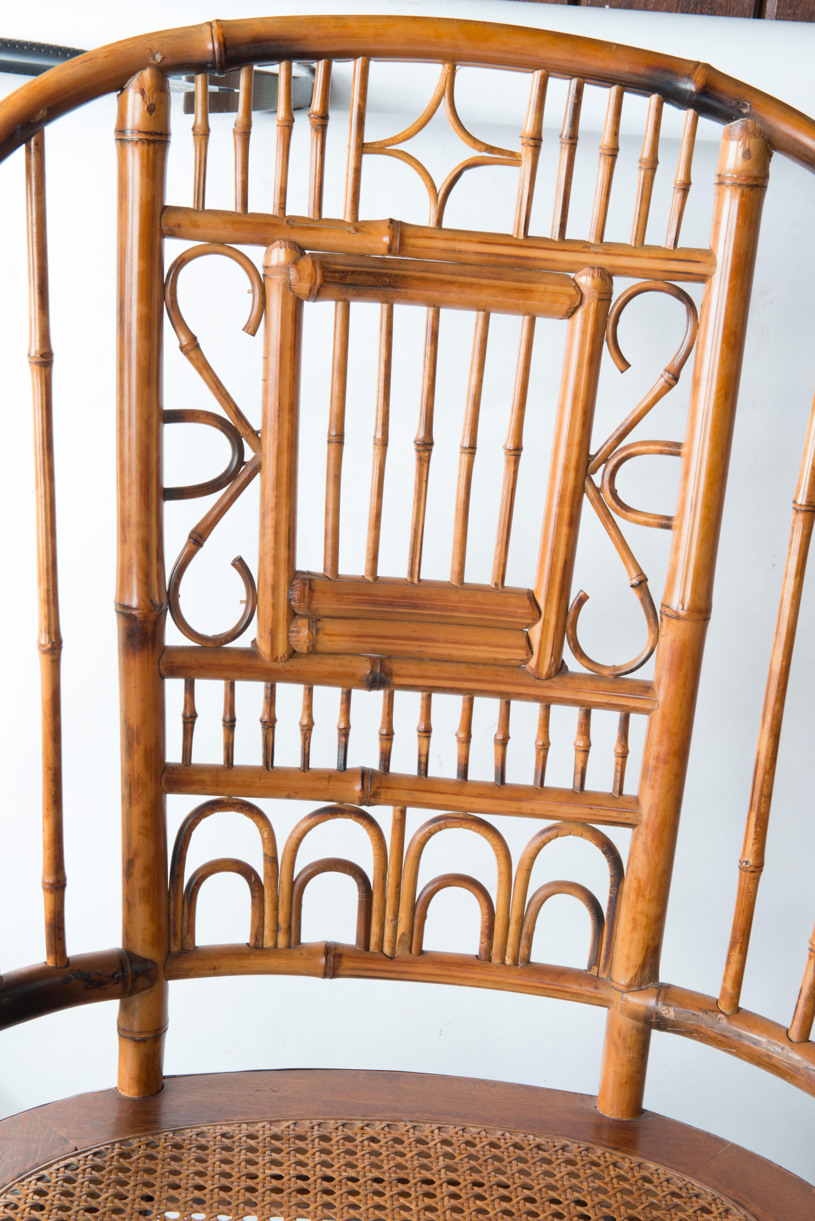 Pair of High Back Chinese Chippendale Bamboo Arm Chairs In Good Condition In Stamford, CT