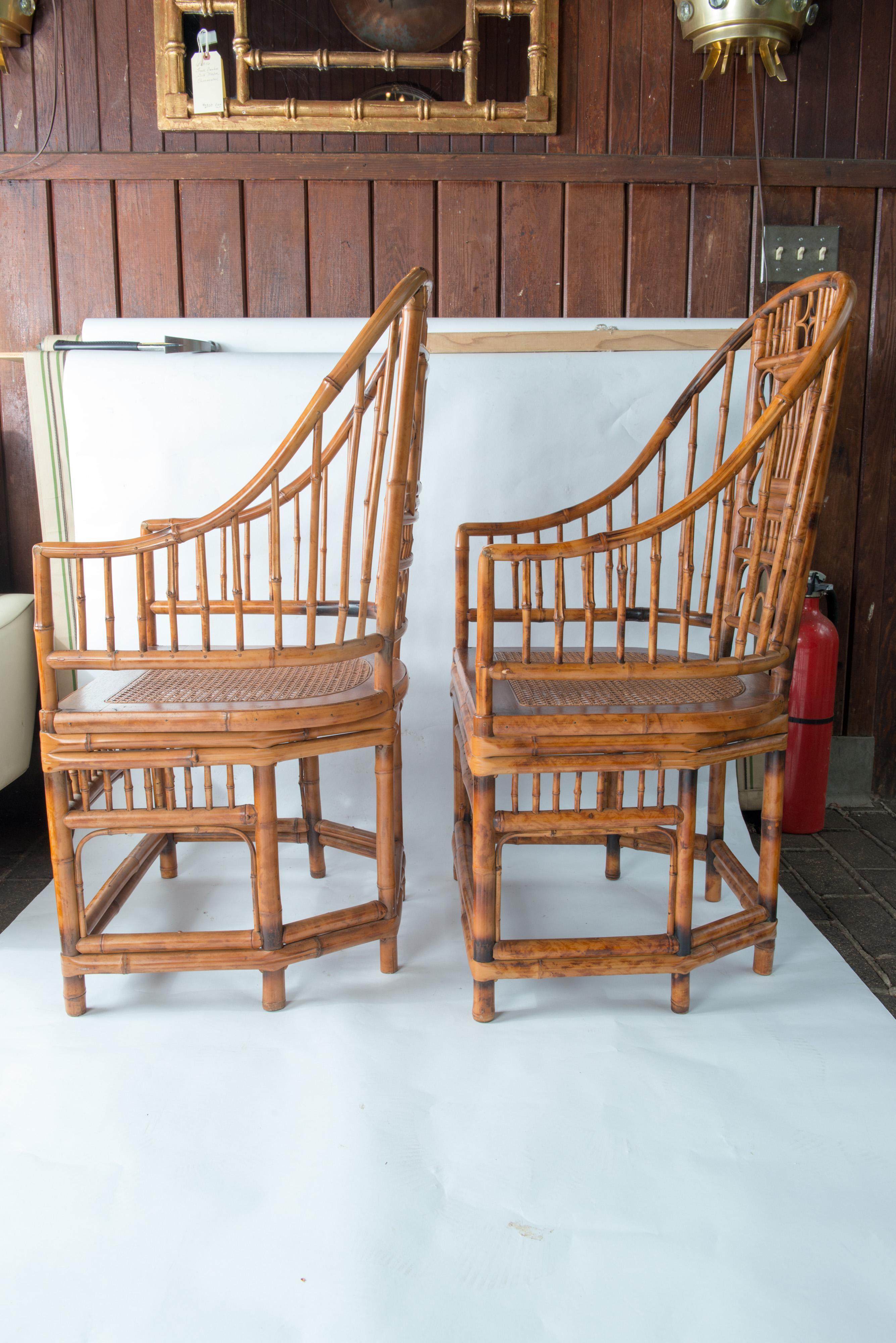 Pair of High Back Chinese Chippendale Bamboo Arm Chairs 1
