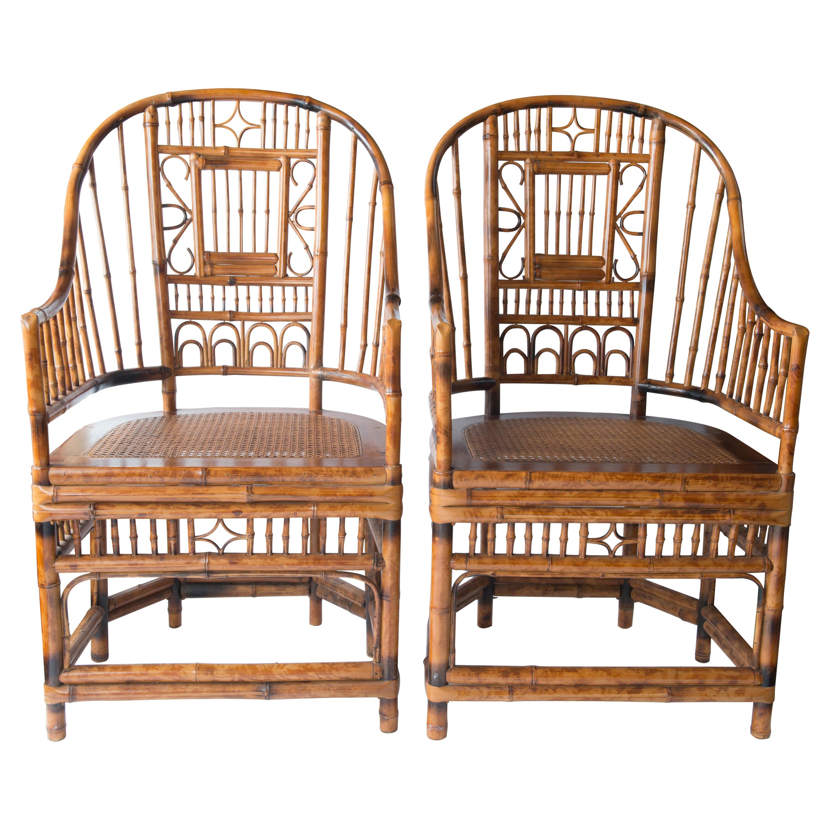 Pair of High Back Chinese Chippendale Bamboo Arm Chairs