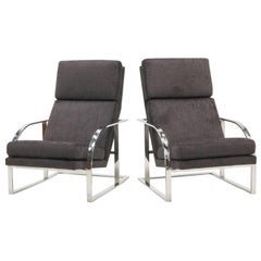 Pair of High Back Chrome Frame Lounge Chairs by Milo Baughman Excellent Restored
