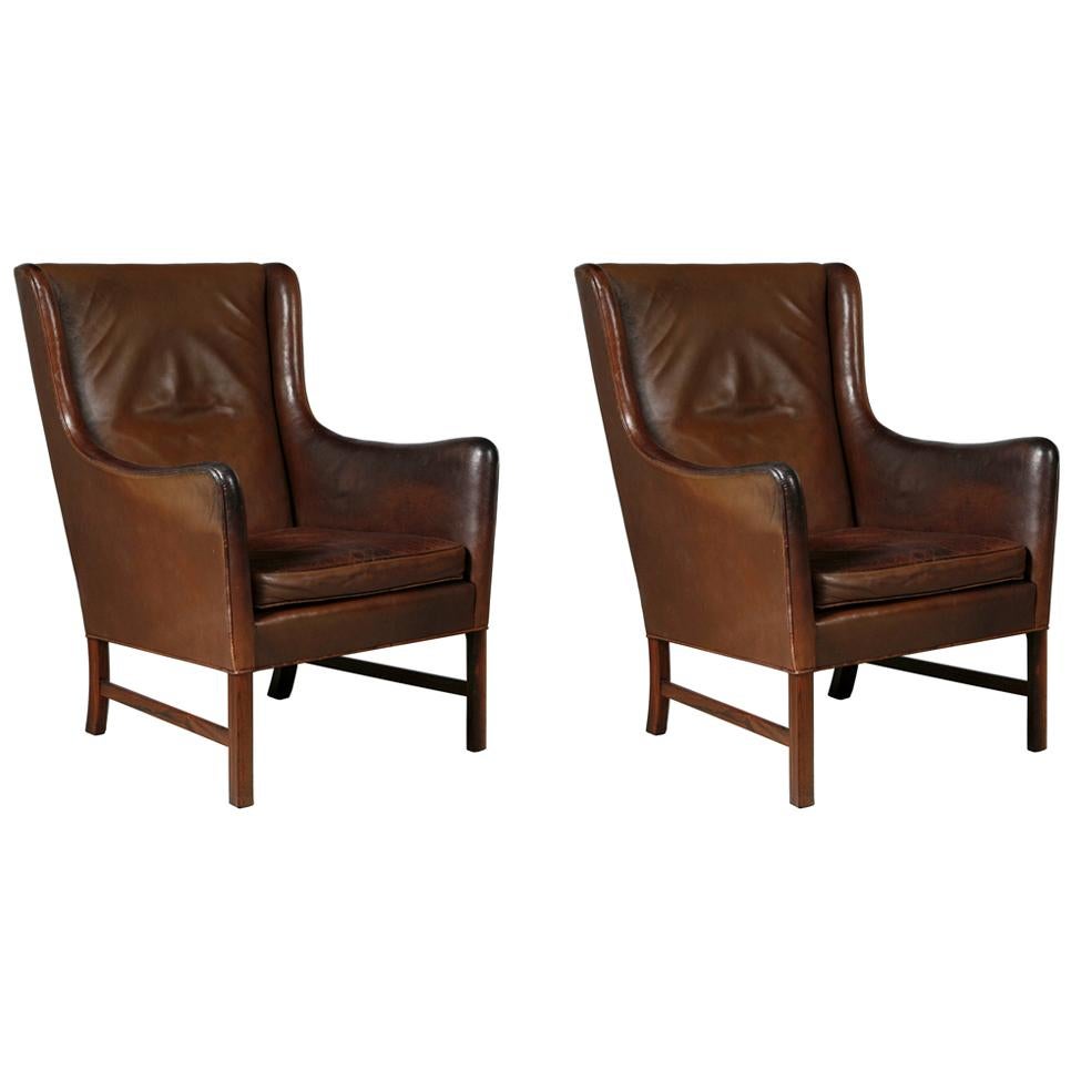 Pair of High-Back Danish Lounge Chairs with Original Leather by Ole Wanscher