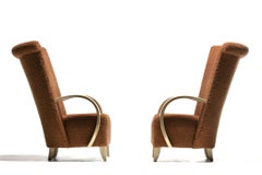 Pair of High Back Directional Armchairs in Café Bouclé with Bleached Wood Arms