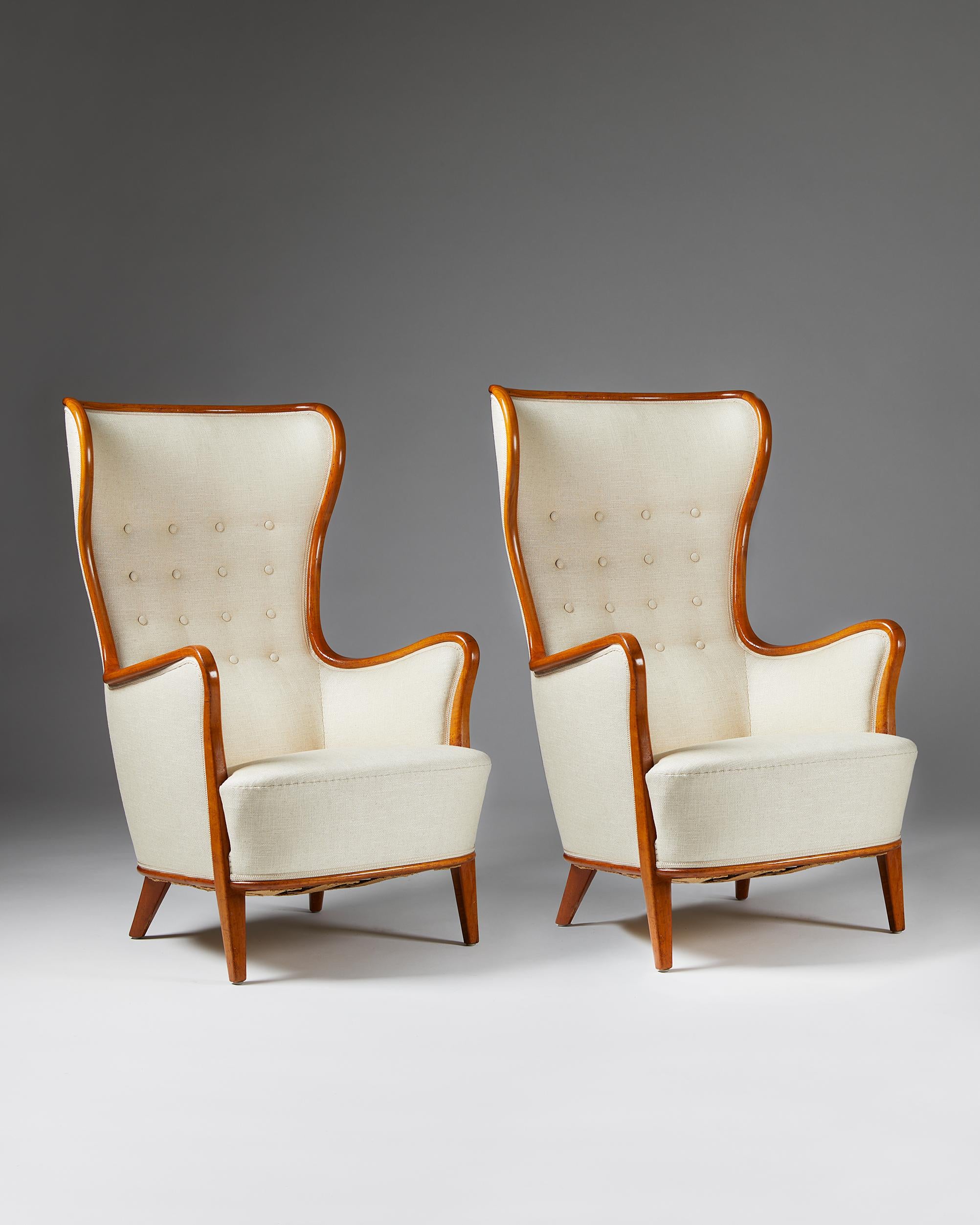 Mid-Century Modern Pair of High-Back Easy Chairs Designed by Axel Larsson, Sweden, 1940's
