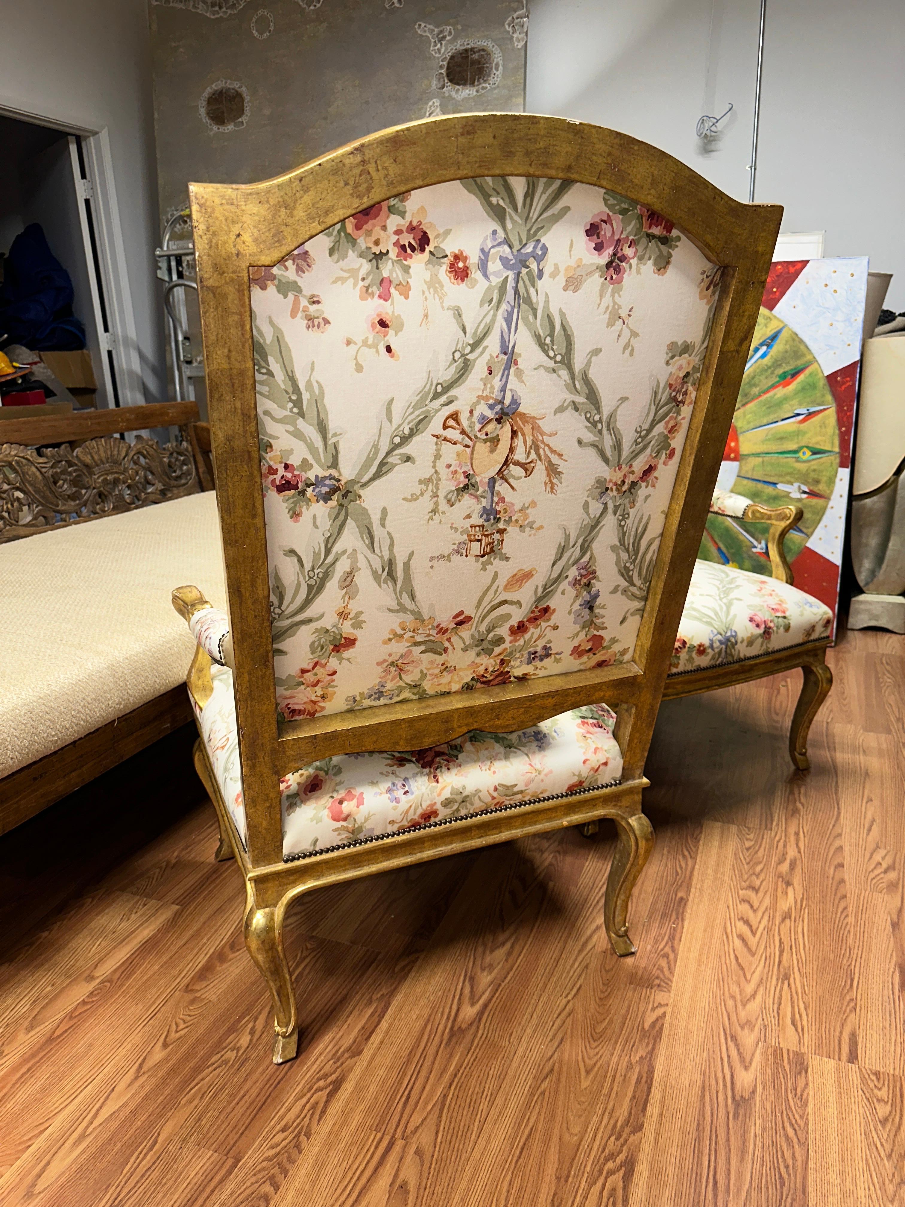 Hand-Crafted Pair of High Back French Style Gilt Chairs