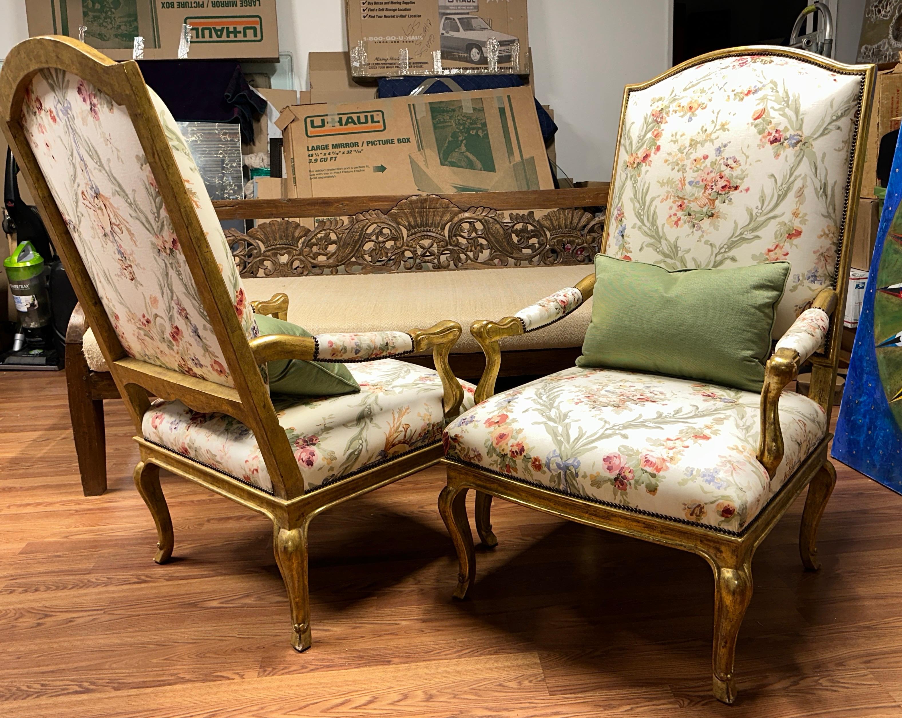 Pair of High Back French Style Gilt Chairs In Good Condition In Palm Springs, CA