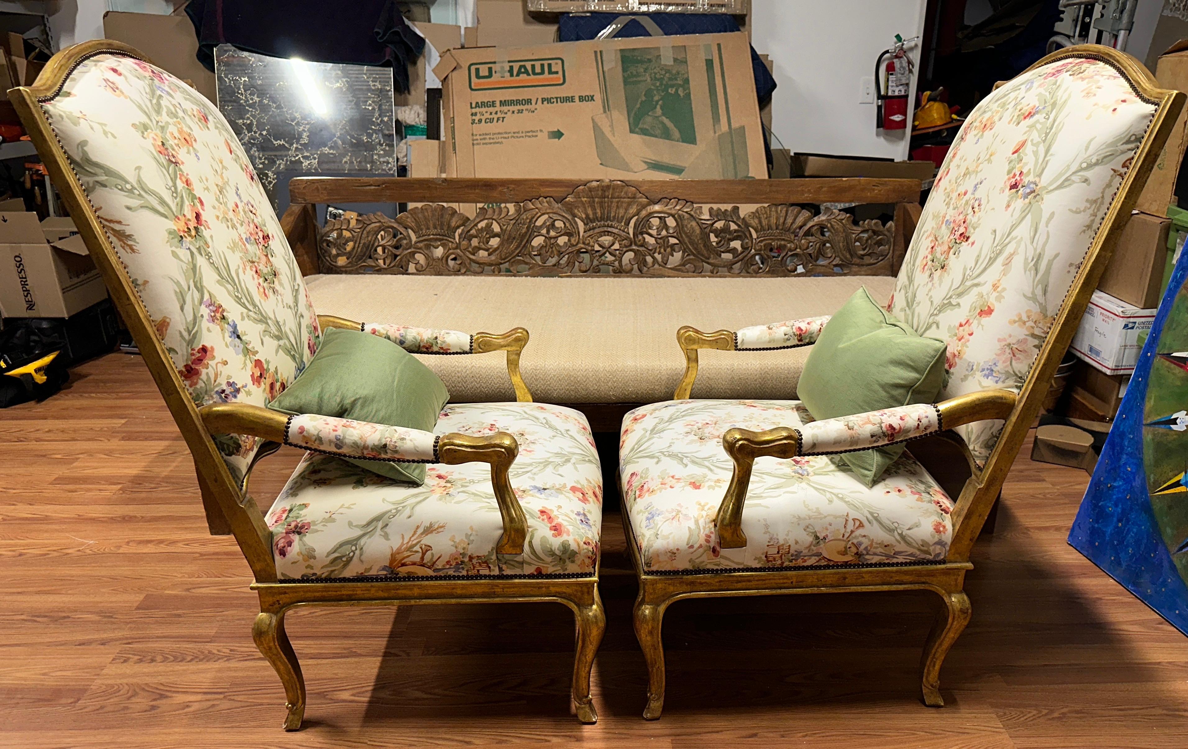 20th Century Pair of High Back French Style Gilt Chairs
