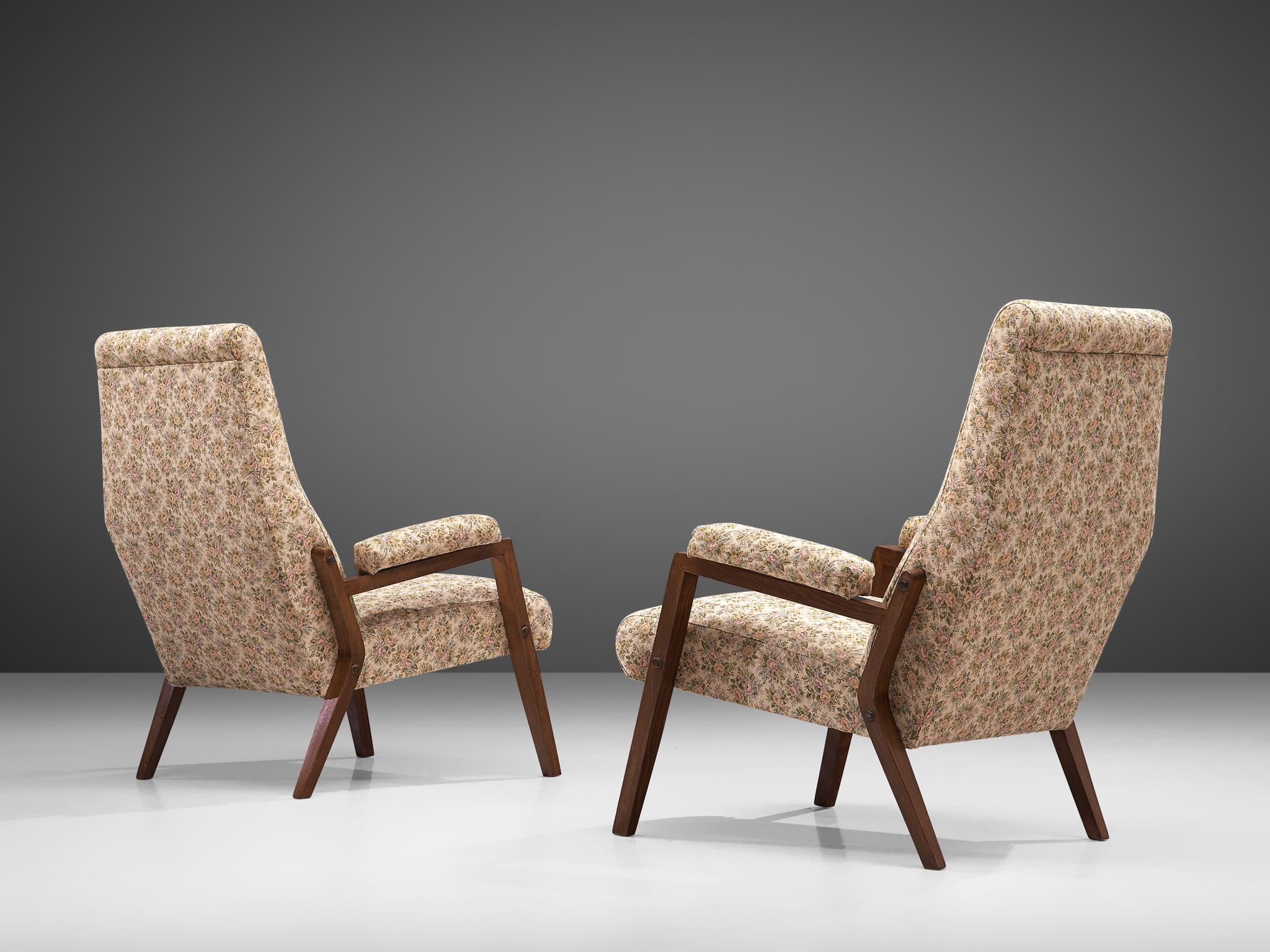 Fabric Italian Pair of High Back Lounge Chairs