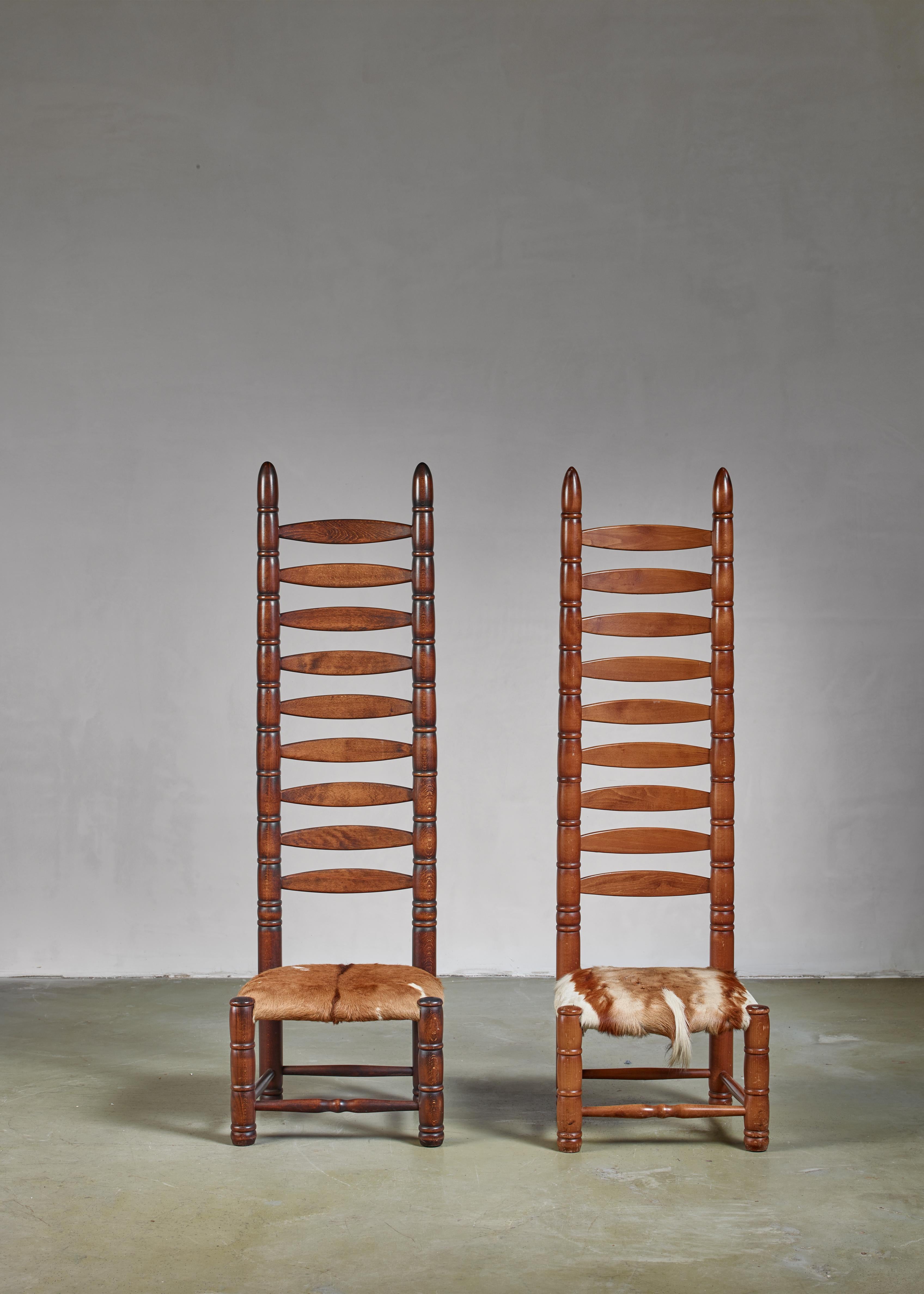 Bohemian Pair of High Back Ladder Chairs with Goatskin Seating, 1960s For Sale