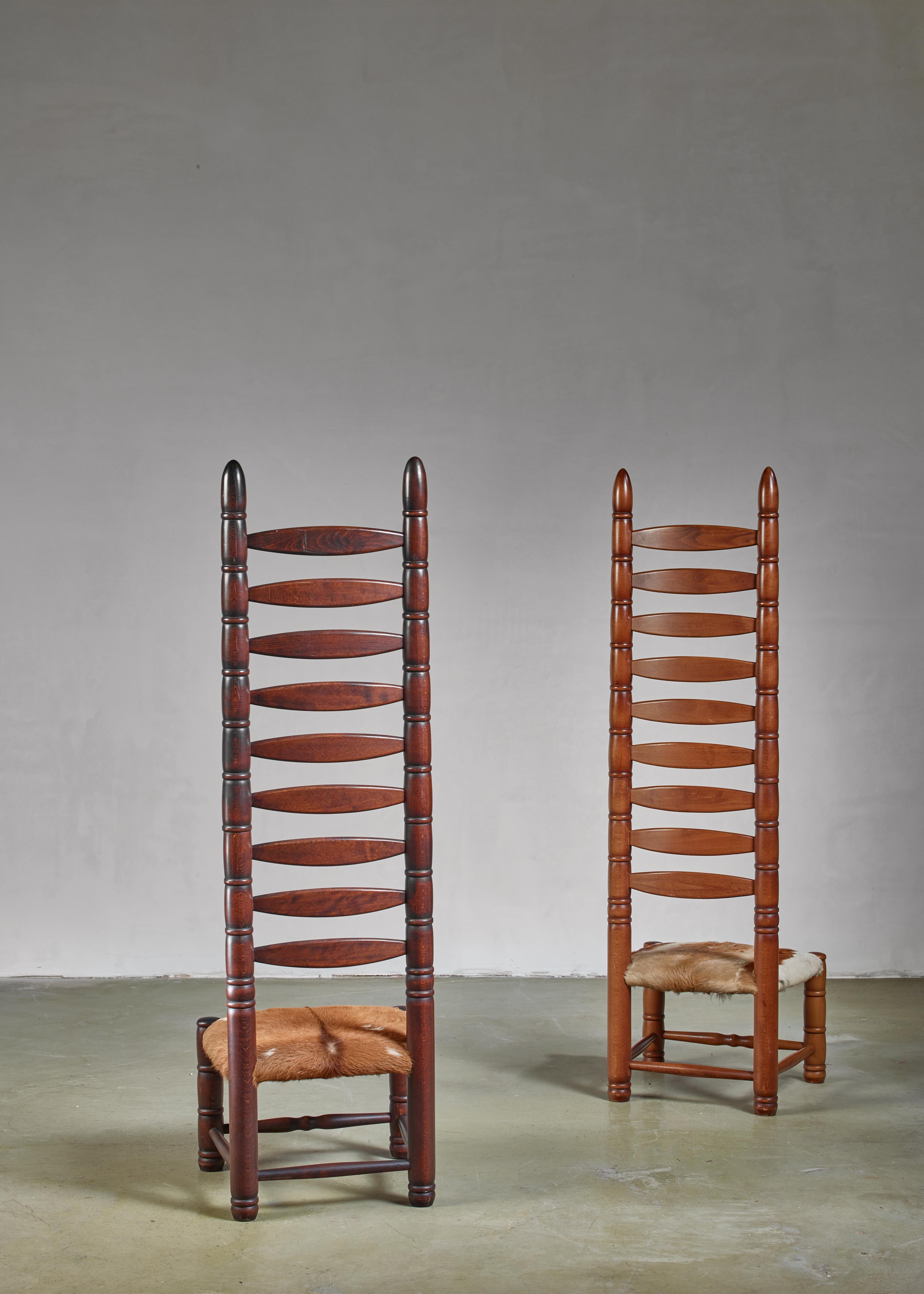 German Pair of High Back Ladder Chairs with Goatskin Seating, 1960s For Sale
