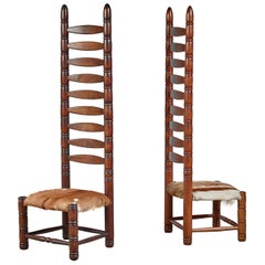 Pair of High Back Ladder Chairs with Goatskin Seating, 1960s